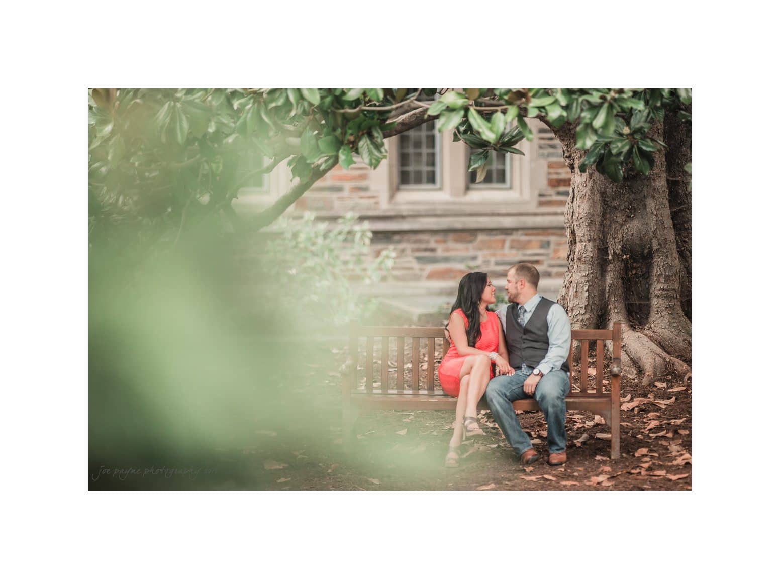 A couple sits on a wooden bench under a large tree, surrounded by greenery. The woman is wearing a red dress, and the man is in a gray vest and jeans. They are sitting close, holding hands, and gazing at each other.