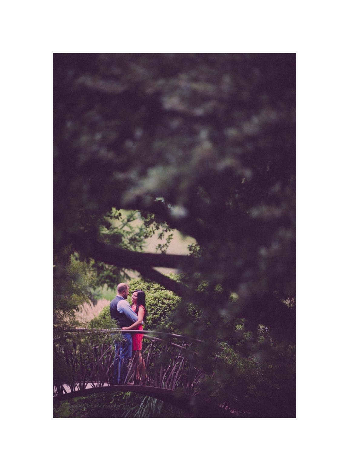 A couple stands on a small bridge embracing, surrounded by lush greenery. The image is softly focused on them, with blurred leaves framing the scene, creating a romantic, dreamy atmosphere.