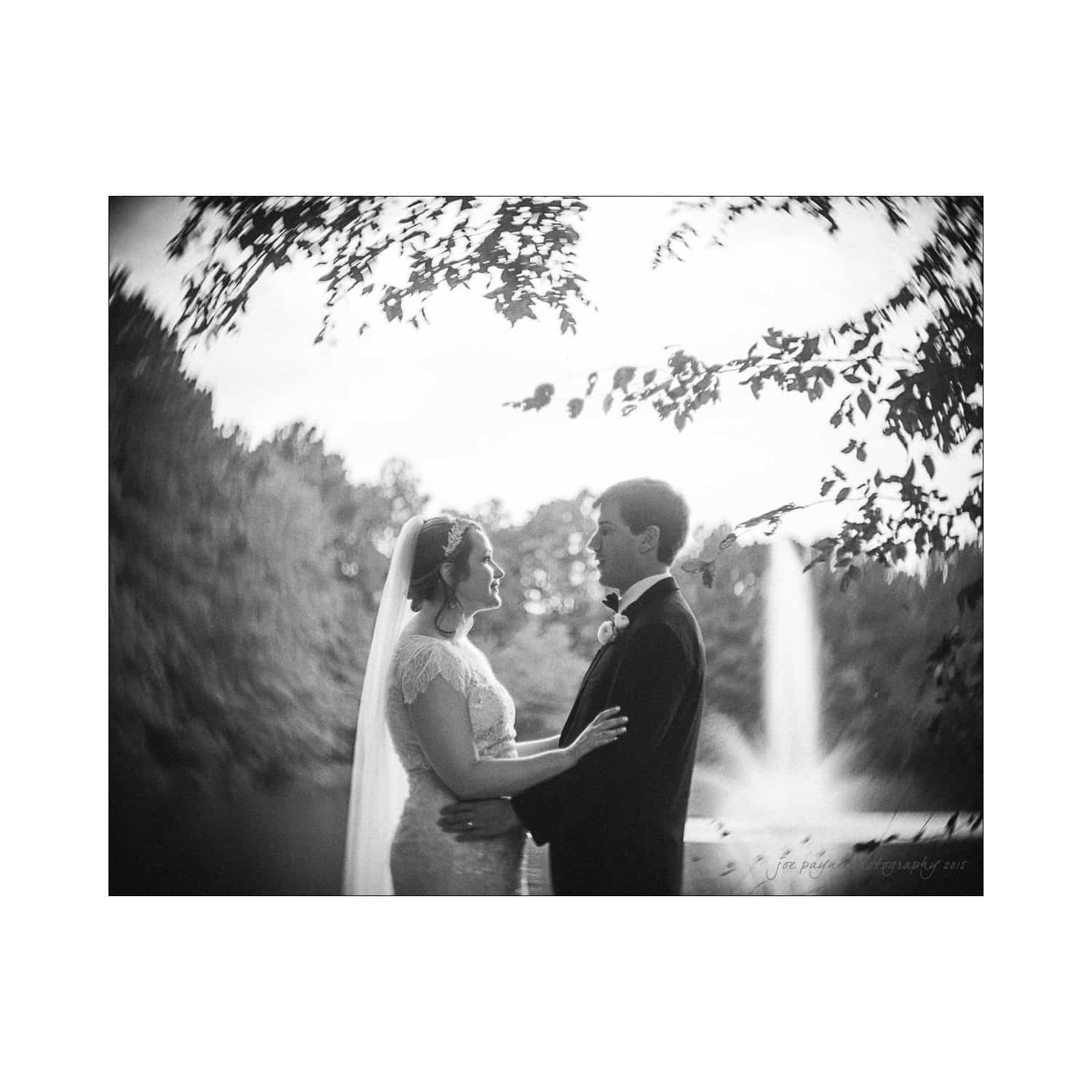 A bride and groom stand by a lakeside, gazing at each other under tree branches. The background features a fountain, and the scene is captured in black and white.
