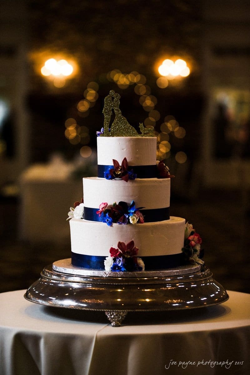 charlotte wedding photographers - ashley & matt A three-tiered white wedding cake with blue ribbon accents, decorated with flowers, sits on a silver platter. A silhouette cake topper adorns the top. The background features soft, warm lighting.