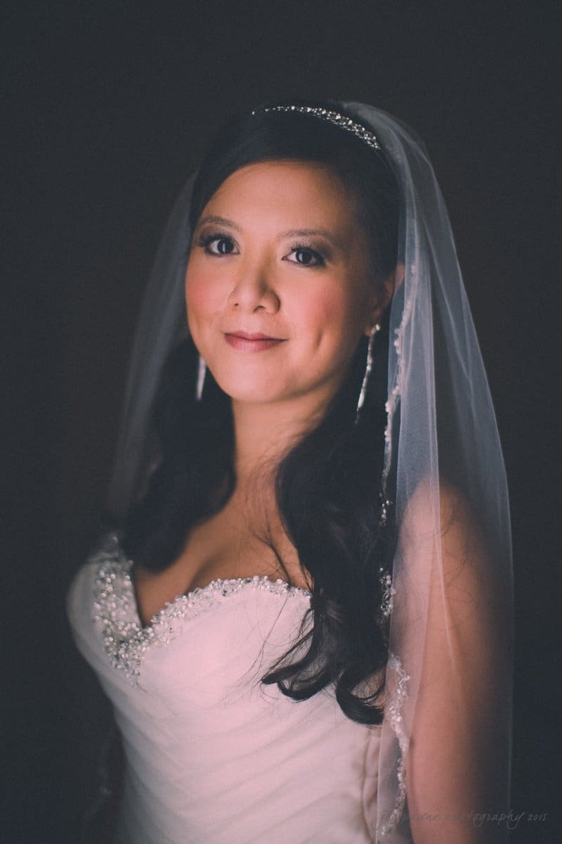 Bride in a white wedding dress with a beaded bodice and veil, smiling softly. She has long dark hair, adorned with a headband, and is wearing drop earrings. The background is dark, highlighting her figure.