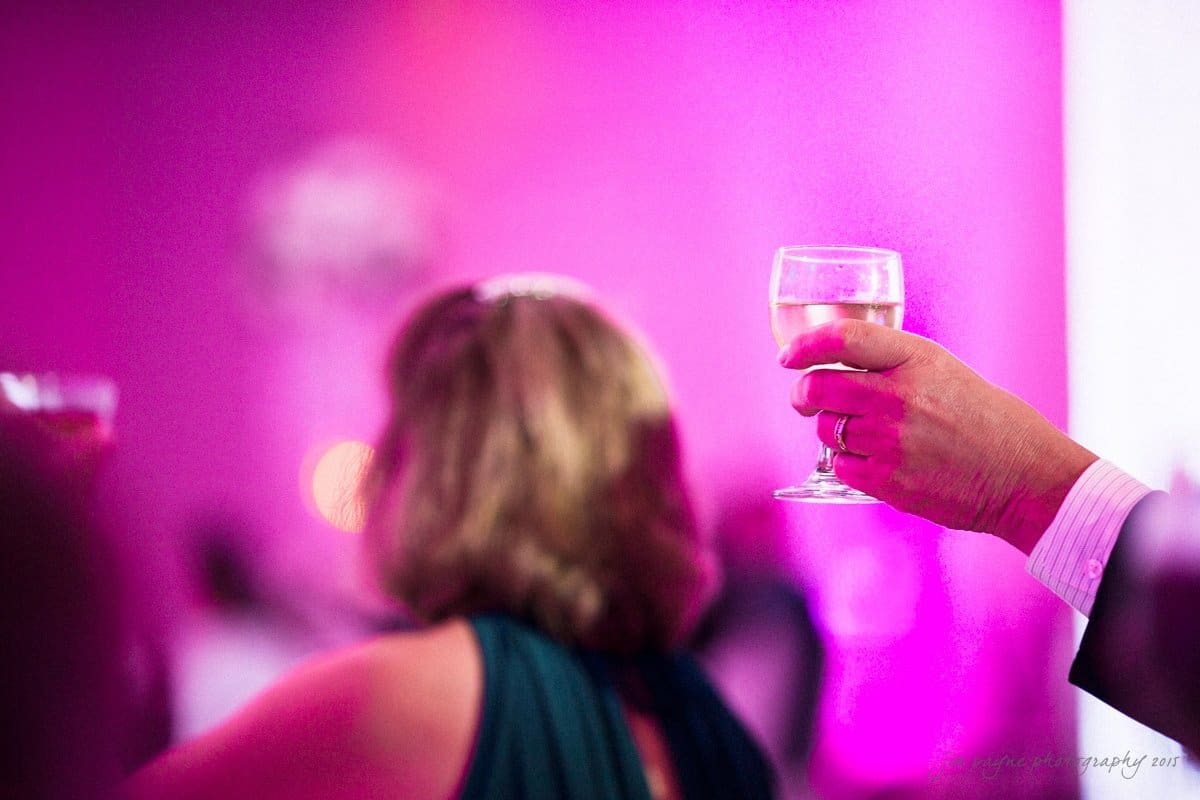 A person raises a glass of wine for a toast in a dimly lit room with pink lighting. The background is softly blurred, with another person visible from the back. The atmosphere suggests a celebratory event or gathering.