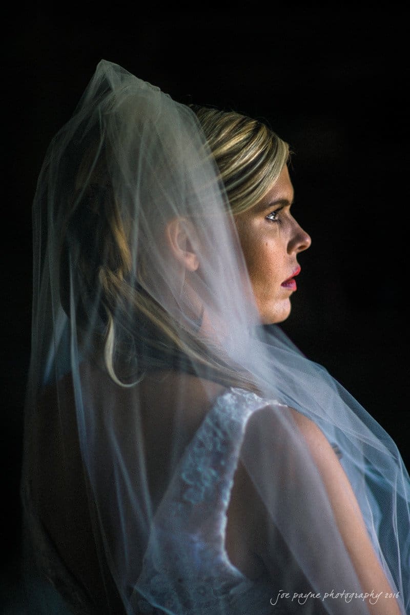 raleigh bridal photography session - jackie at the sutherland A bride in profile gazes forward, illuminated softly against a dark background. She wears a lace dress and a sheer veil, with her blonde hair styled elegantly. The image captures a solemn and contemplative moment.