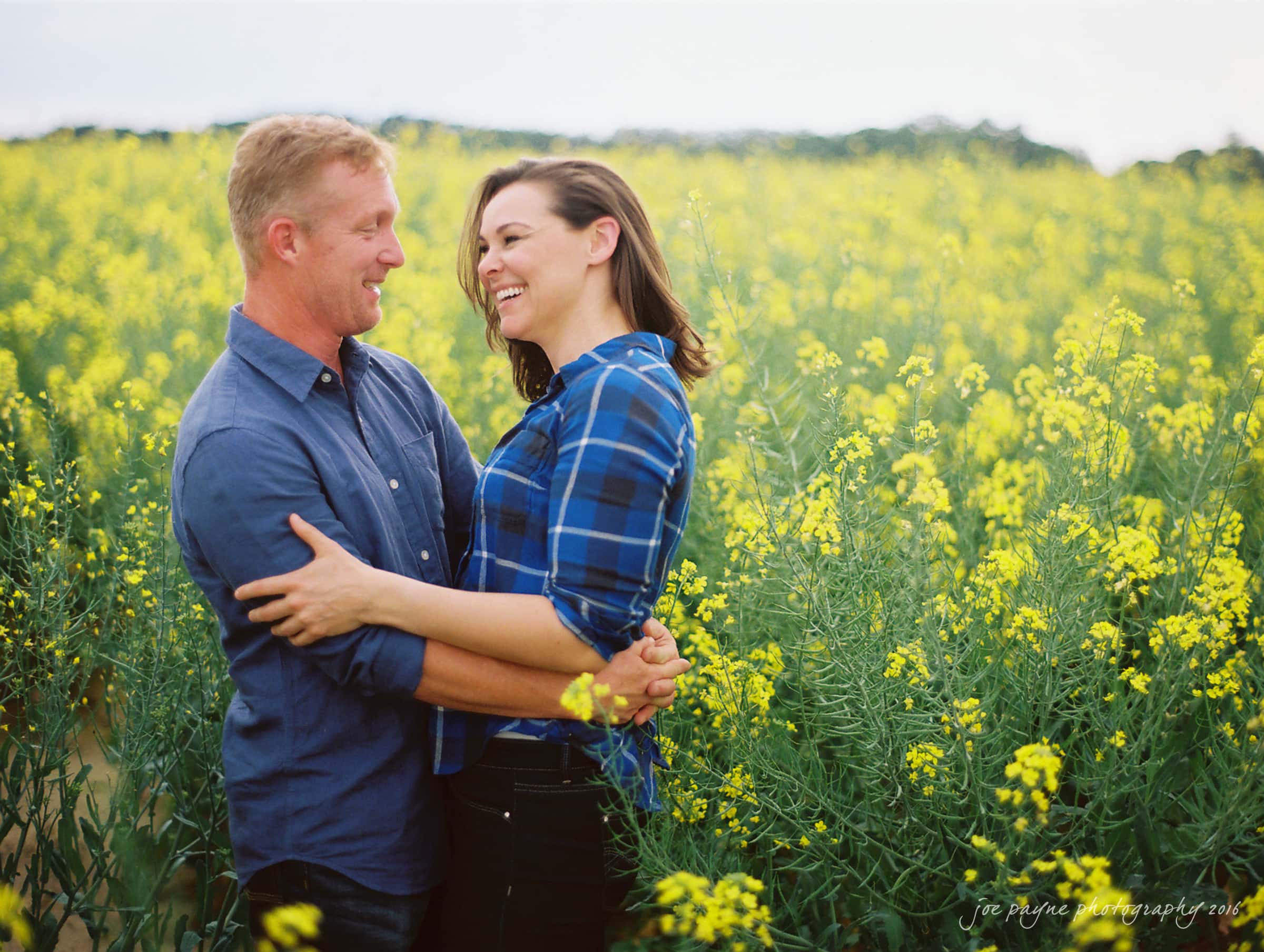 A couple stands in a vibrant yellow flower field, smiling and embracing each other. Both are wearing blue shirts, with the woman in plaid. The background is a blur of more flowers and a bright sky.