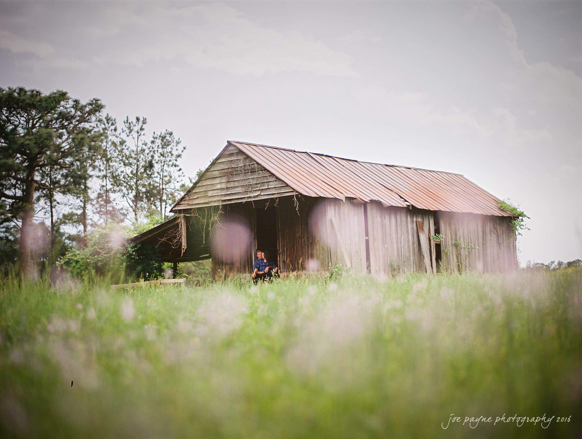 An old wooden barn with a rusty roof stands in a field of tall grass. Trees are visible in the background, and the sun creates a soft bokeh effect with light spots in the foreground.