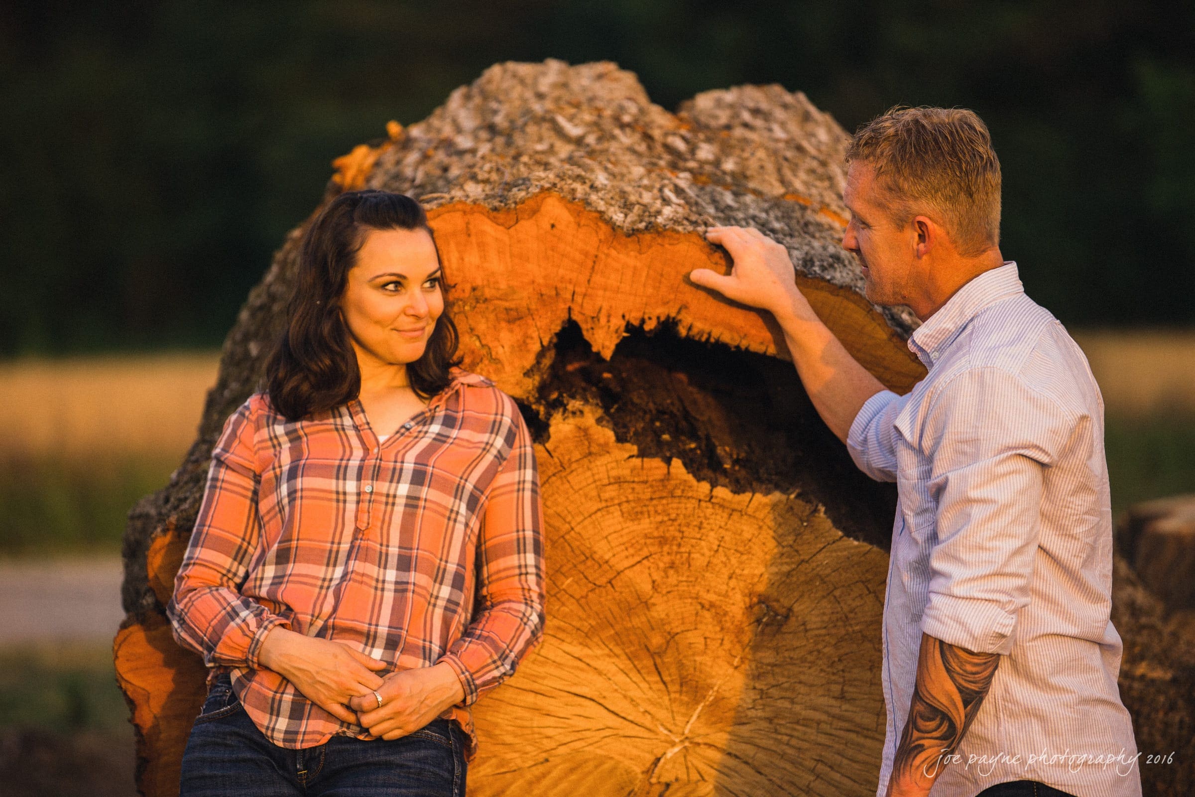 A woman in a plaid shirt and a man in a light shirt engage in conversation, standing beside a large, cut tree stump. The woman leans with a playful expression, while the man rests his hand on the wood. Theyre outdoors with blurred foliage in the background.