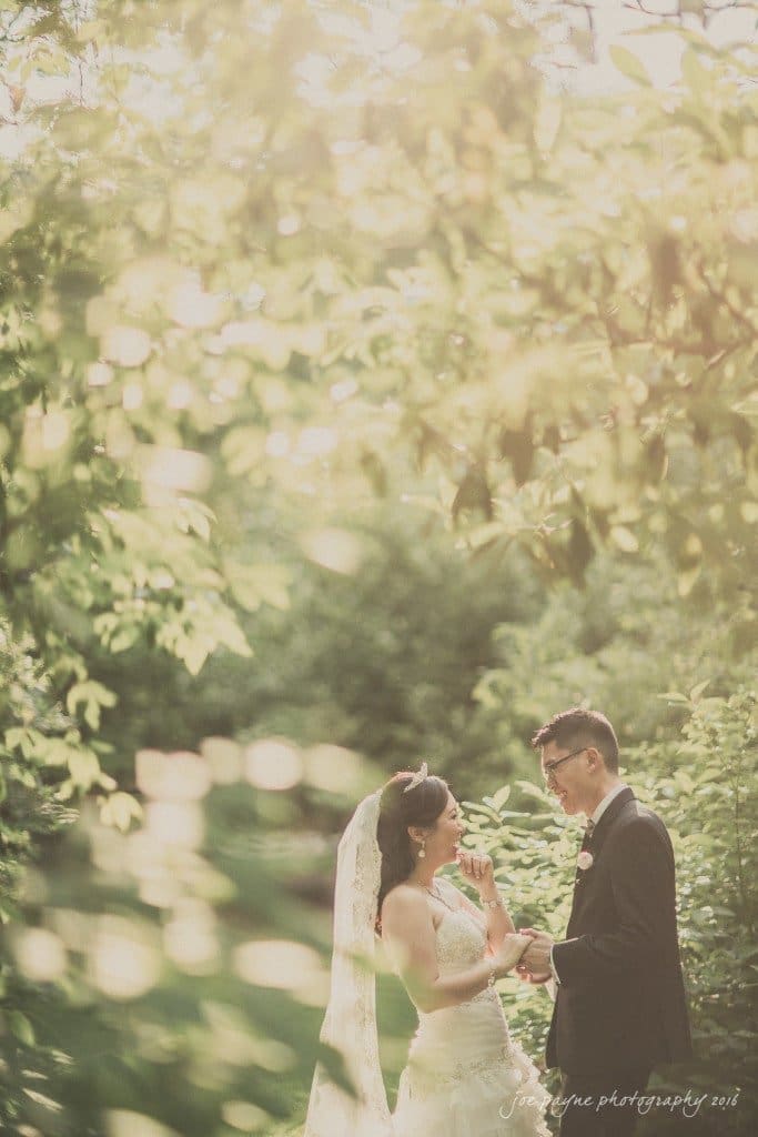 A bride and groom stand together in a sunlit garden, surrounded by lush greenery. They gaze at each other lovingly, with the bride wearing a veil and the groom in a suit. Soft sunlight filters through the leaves, creating a warm, romantic atmosphere.