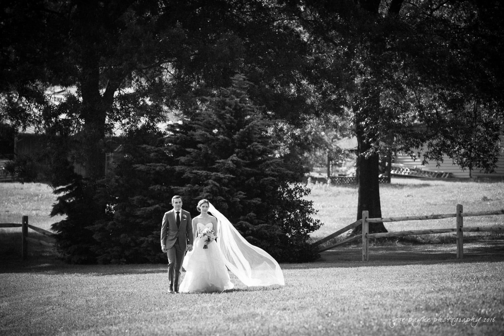 the oaks at salem wedding photography - kathryn & justin A black and white photo of a couple walking outdoors on a grassy field. The bride wears a long gown with a veil, holding flowers, while the groom is in a suit. Theyre surrounded by trees and a wooden fence in the background.