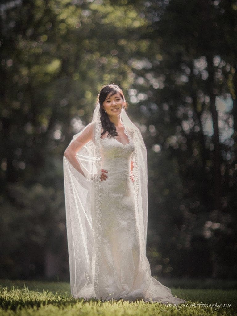 A bride in a white wedding dress stands outdoors with her hands on her hips. She is wearing a long veil that drapes over her arms. The background is lush with green foliage and dappled sunlight.