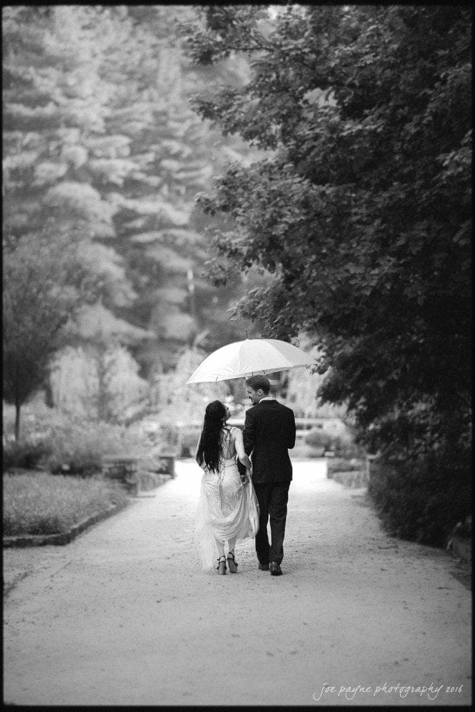 A black and white photo of a couple walking down a park path, holding hands and an umbrella. The woman is in a dress, and the man in a suit. They are surrounded by trees and greenery.