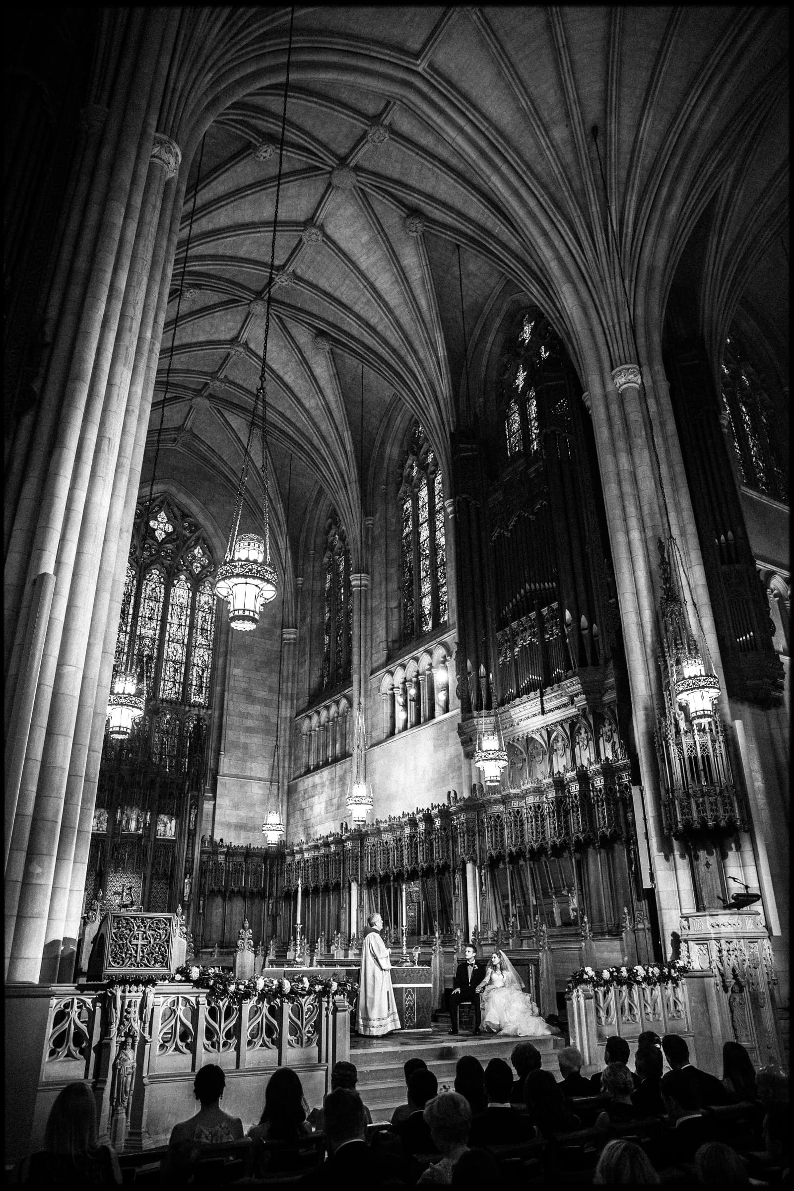 B&W Duke University Chapel Wedding Ceremony Photo by Joe Payne showcasing Duke Chapel's amazing gothic architecture. 