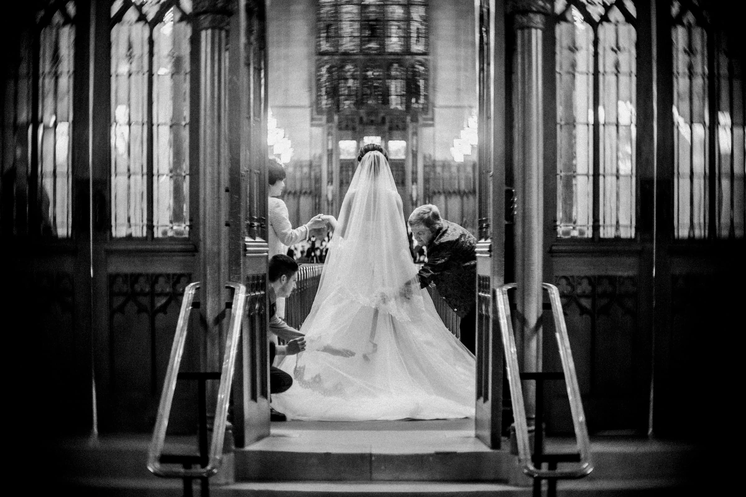 Duke Chapel Wedding - Bride Getting Ready to Walk Down Aisle B&W by Joe Payne Photography