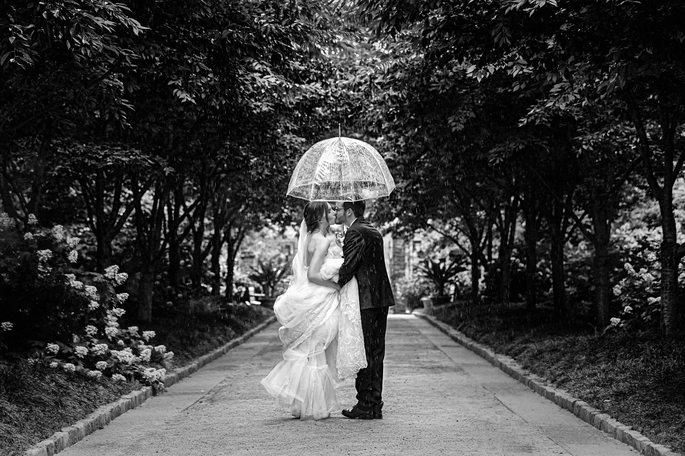 Duke Chapel Wedding Photo - Couple's Rainy First Look at Duke Gardens by Joe Payne. 