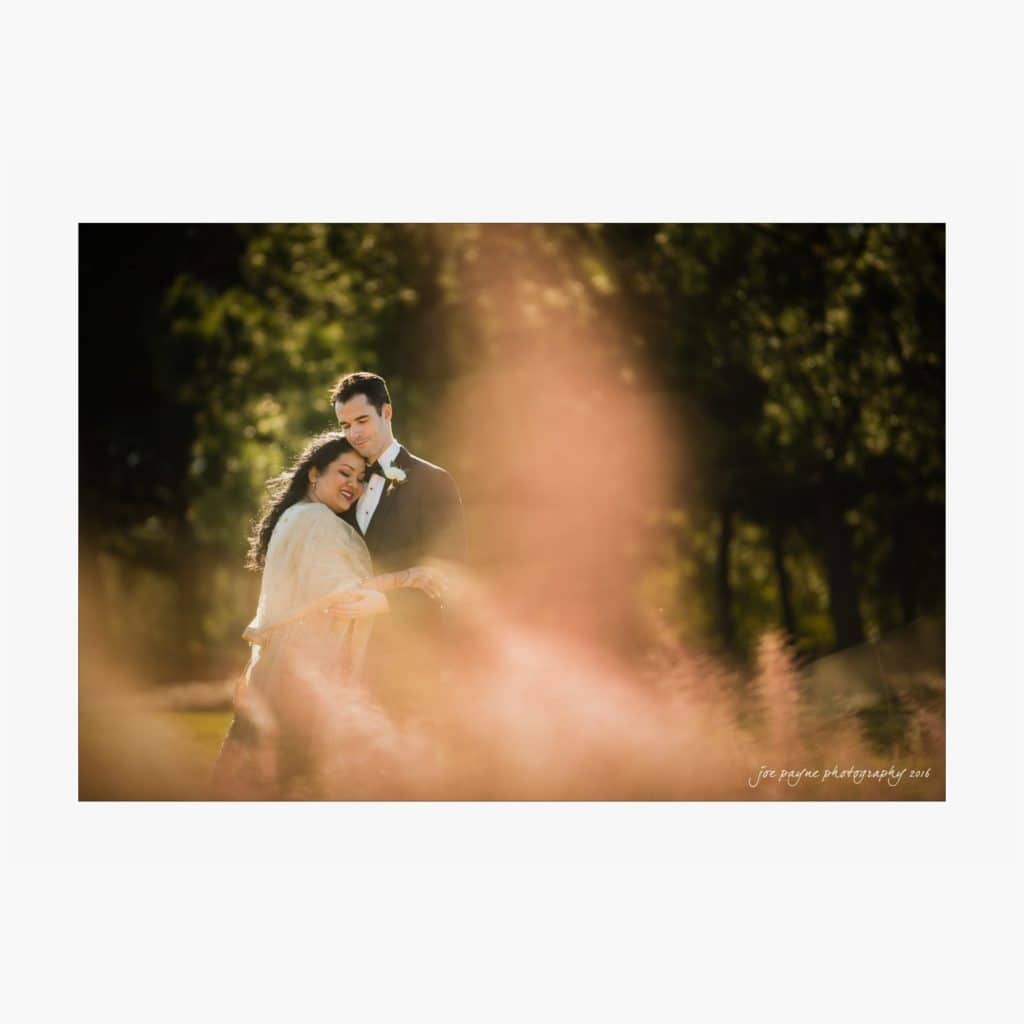 A couple embraces in a grassy field, illuminated by warm sunlight. The woman is wrapped in a light shawl, leaning on the man in a suit. Soft focus foreground and greenery create a serene, romantic atmosphere.
