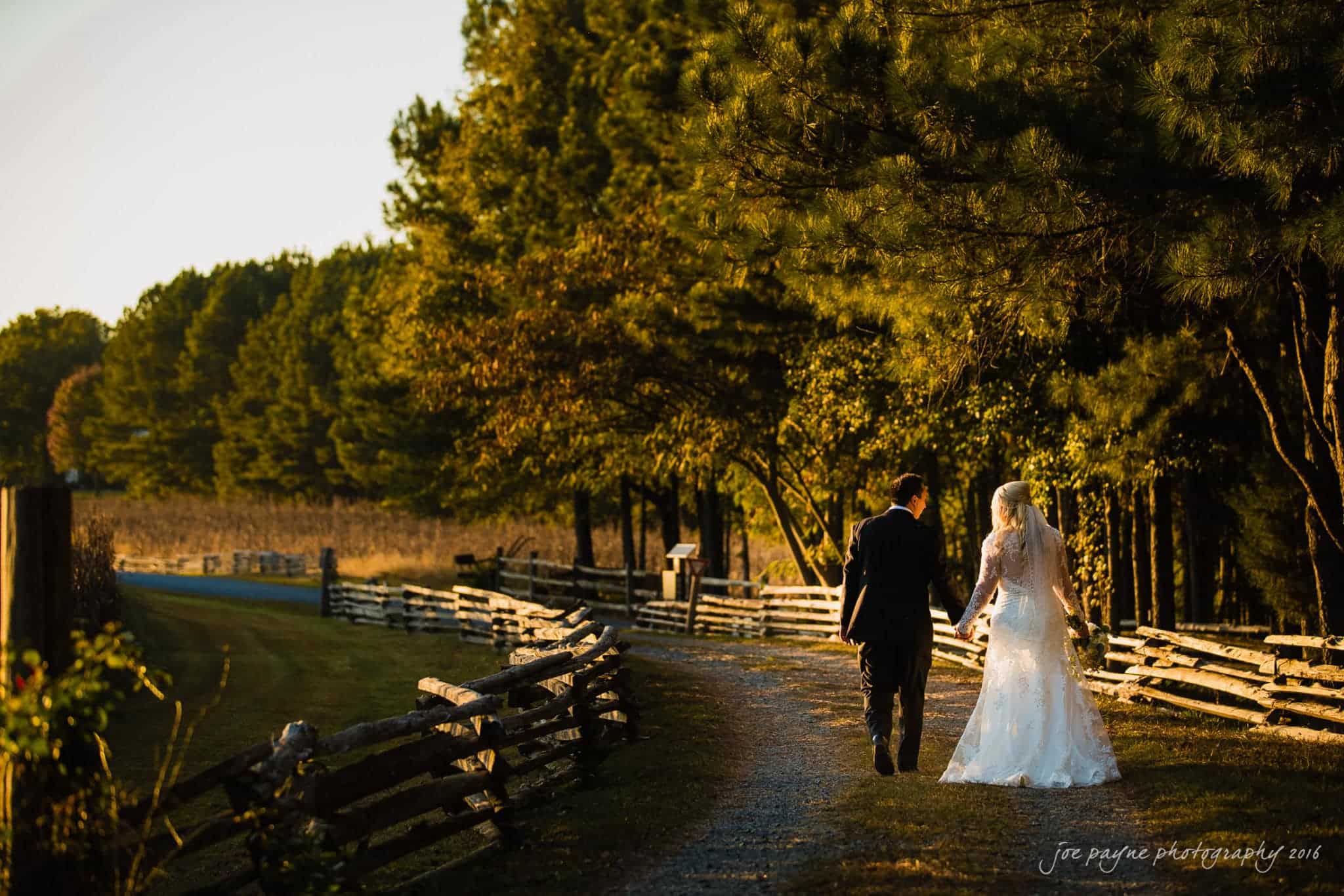 shady wagon farm wedding photography - danielle & josh A bride and groom walk hand-in-hand along a rustic path lined with split-rail fences and tall trees, bathed in the warm glow of the setting sun. The bride wears a long white dress, and the groom is in a dark suit.