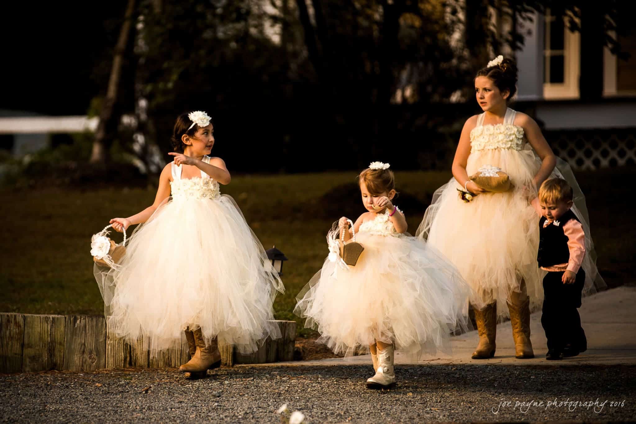 shady wagon farm wedding photography - danielle & josh Three young girls in white tulle dresses and flower crowns walk on a gravel path, each carrying a basket. A young boy in a vest and bow tie follows them. Trees and a building are in the background. The scene is lit by soft, warm light.