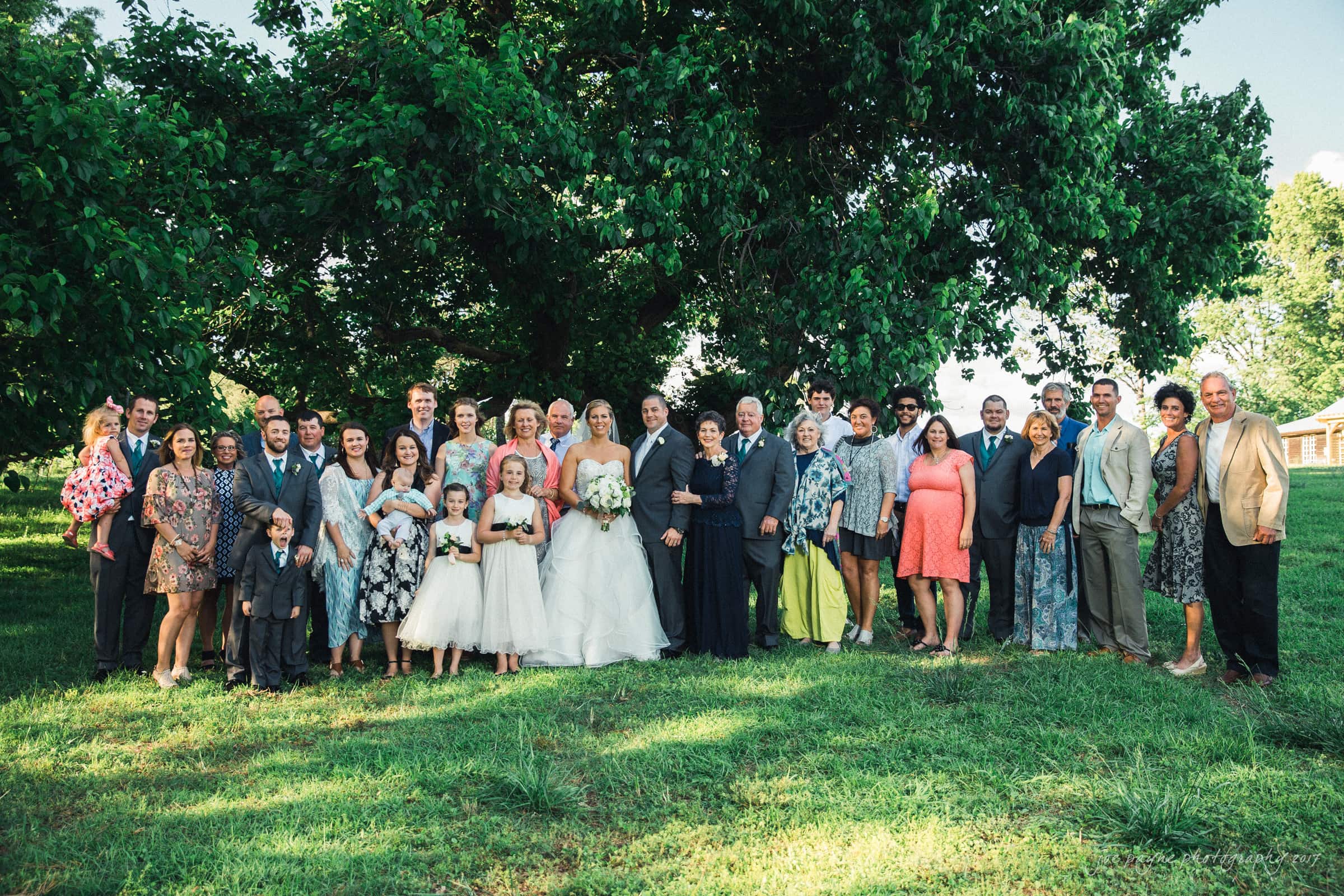 A large group of people, including a bride in a white gown and groom in a suit, pose together outdoors on a grassy area under a large tree. The group includes adults, children, and a few holding bouquets, all dressed in formal and colorful attire.