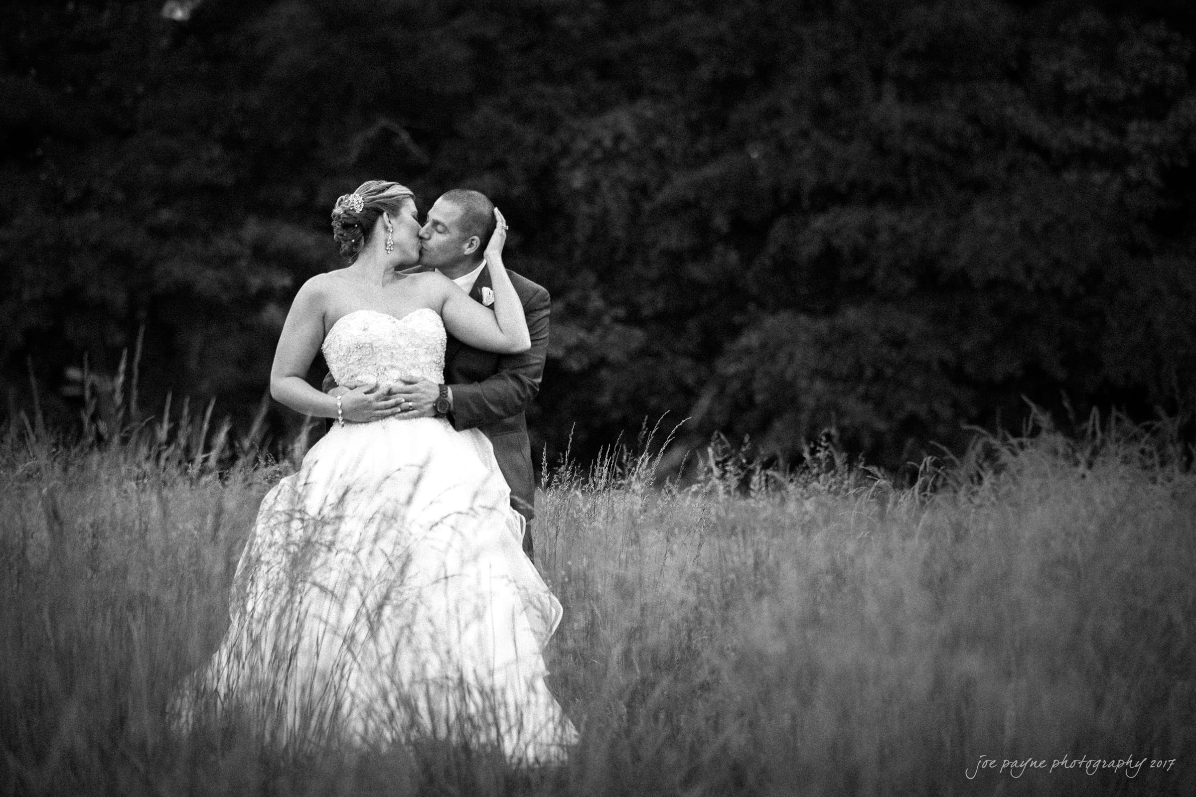 A black and white photo of a bride and groom in a field, sharing a kiss. The bride is wearing a strapless gown, and they are surrounded by tall grass with trees in the background.