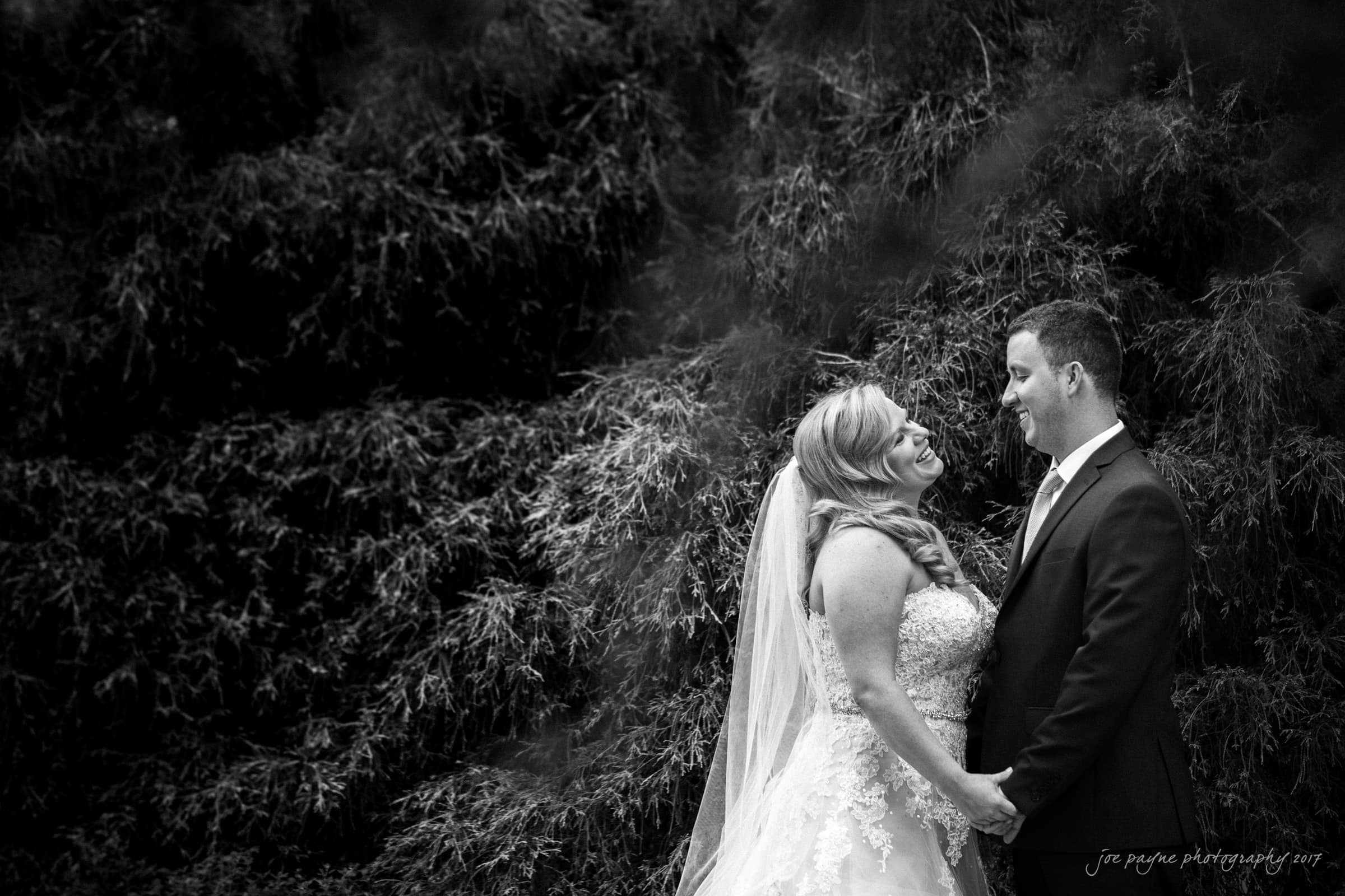 A bride and groom stand facing each other, holding hands and smiling, in front of a backdrop of dense greenery. The bride wears a lace wedding dress and veil, while the groom is in a dark suit.