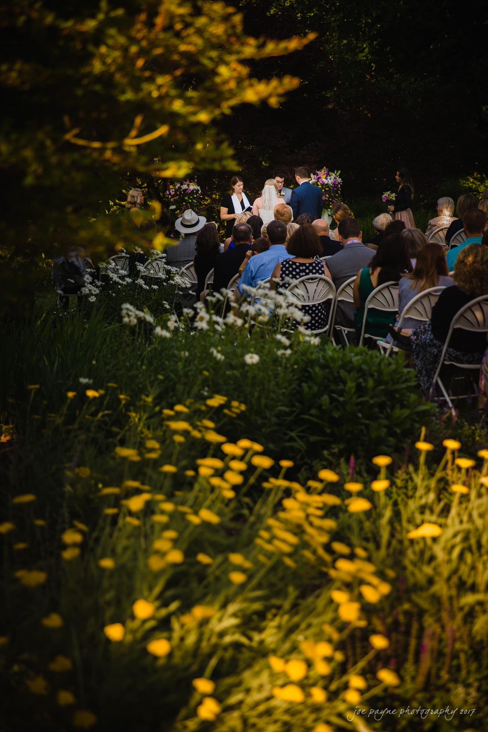 A vibrant outdoor wedding ceremony surrounded by lush greenery and yellow flowers. Guests seated on white chairs face a couple and an officiant at the front. Sunlight filters through the trees, creating a serene and romantic atmosphere.