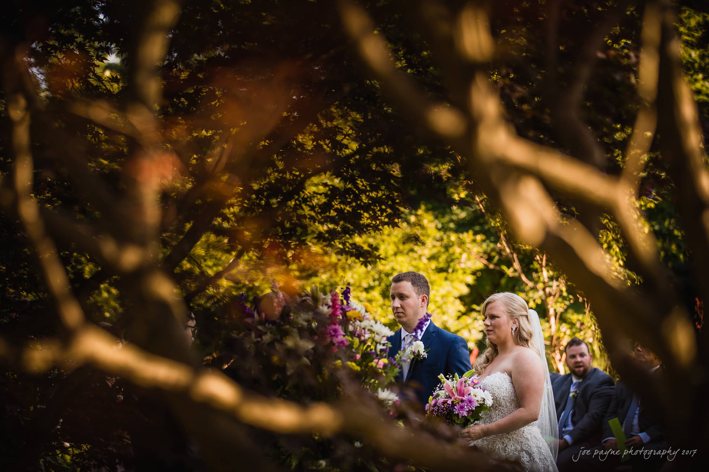 A bride and groom stand outdoors during a wedding ceremony, surrounded by trees and floral arrangements. Sunlight filters through the branches, creating a warm, natural setting. Bridesmaids and groomsmen are visible in the background.