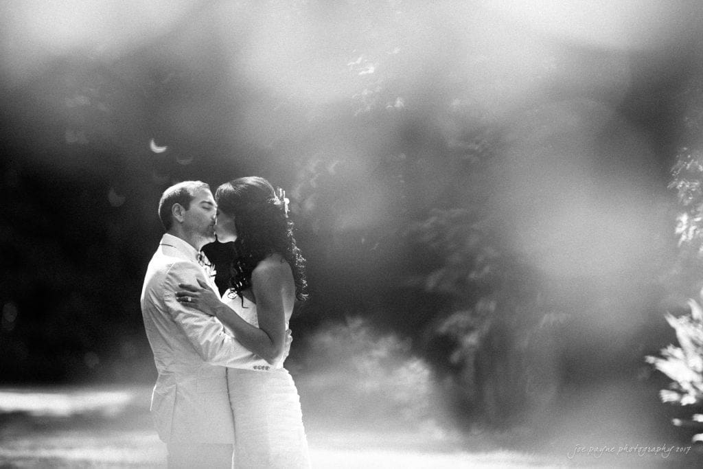 duke gardens wedding photography - jordan & zeke A black and white photo of a bride and groom kissing in a serene outdoor setting. Light filters through the trees, creating a dreamy and romantic atmosphere. The couple embraces, surrounded by nature.