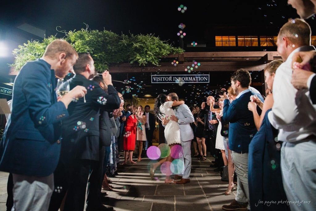 duke gardens wedding photography - jordan & zeke A couple kisses amidst a joyful crowd blowing bubbles outside a building with a Visitor Information sign. People on both sides cheer, creating a festive atmosphere at night.