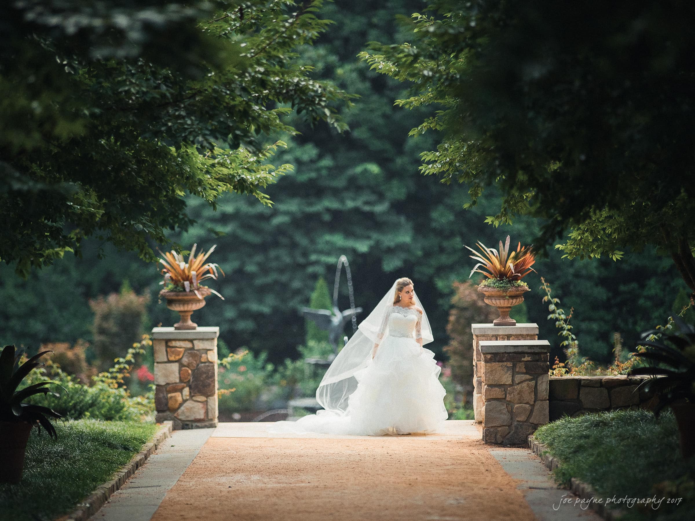 duke chapel wedding photography - sara's bridal session A bride in a white gown and veil walks on a garden path flanked by stone pillars and potted plants. Lush green trees surround the scene, and a fountain is visible in the background. The atmosphere is serene and picturesque.