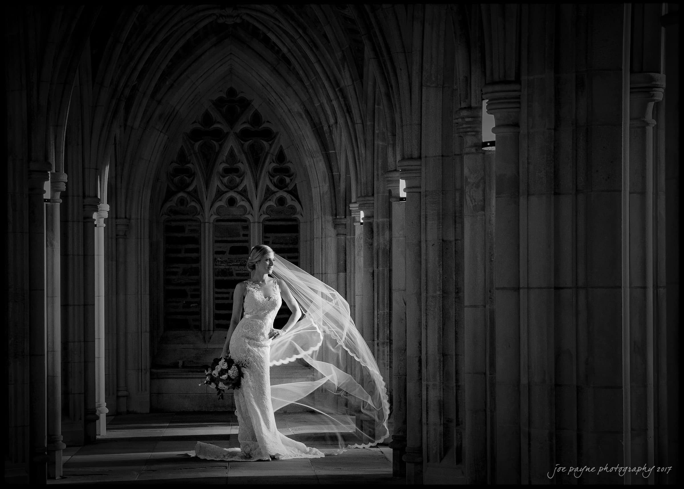 A bride stands elegantly in a Gothic-style stone corridor, holding a bouquet. Her lace gown and veil catch the light, creating a dramatic and serene scene. The background features intricate arches and columns.