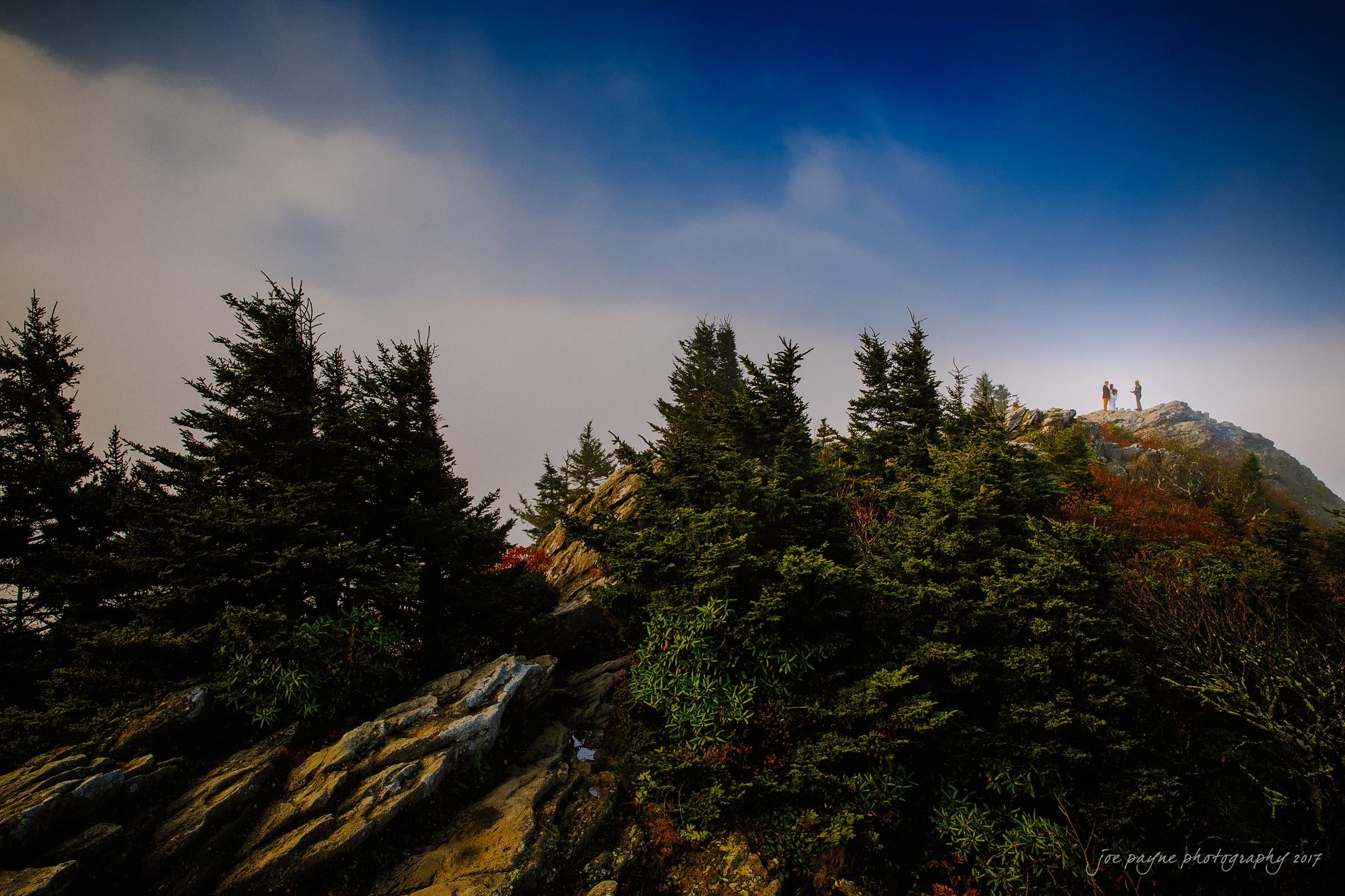 Two people stand on a rocky outcrop at the peak of a mountain, surrounded by dense evergreen trees under a clear blue sky. The foreground is filled with lush greenery and rugged terrain.