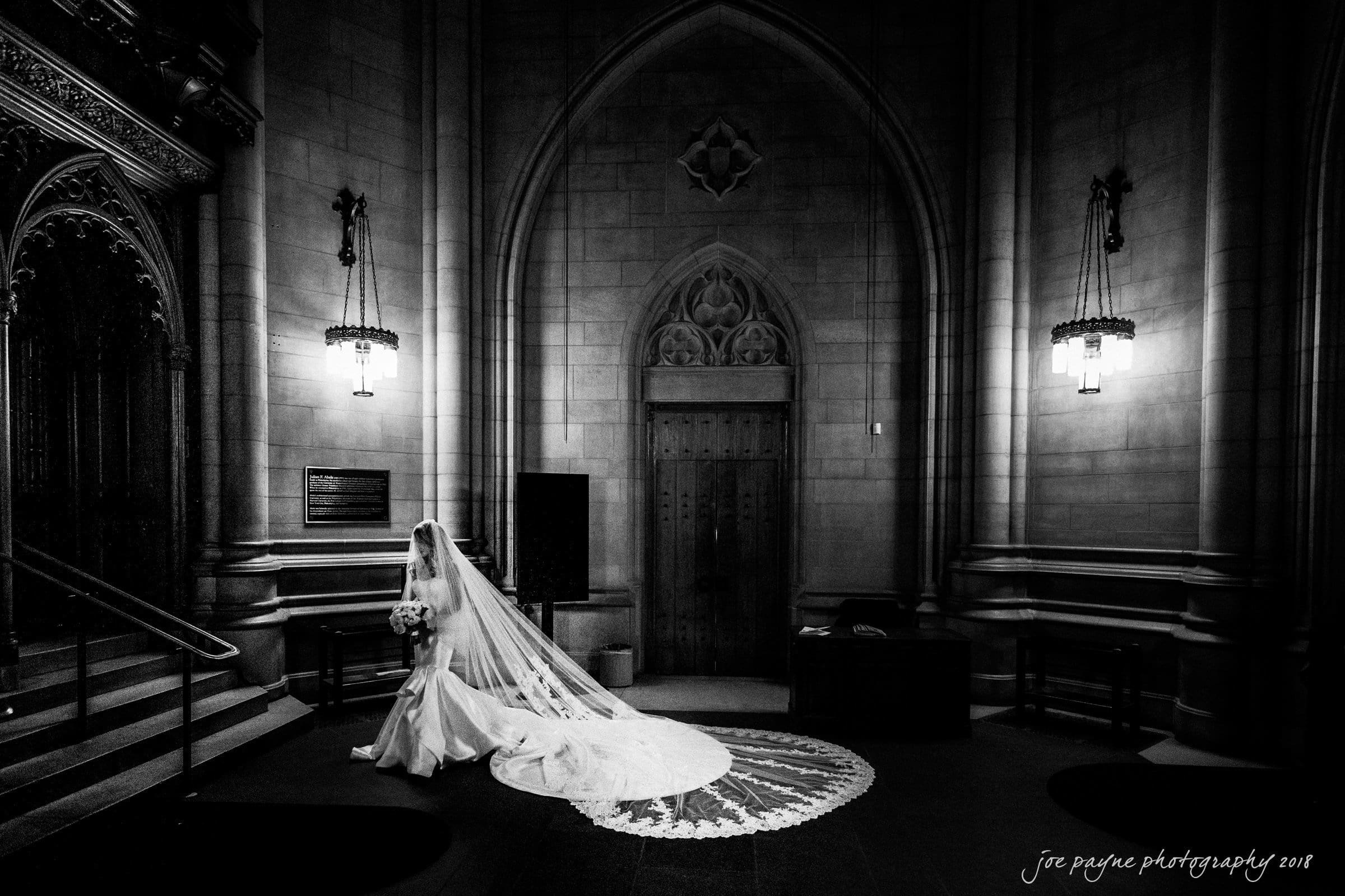 A bride in a long, flowing gown and veil stands near a grand, dimly lit entrance inside a Gothic-style church, holding a bouquet. The intricate architecture and dramatic lighting create an elegant and serene atmosphere.