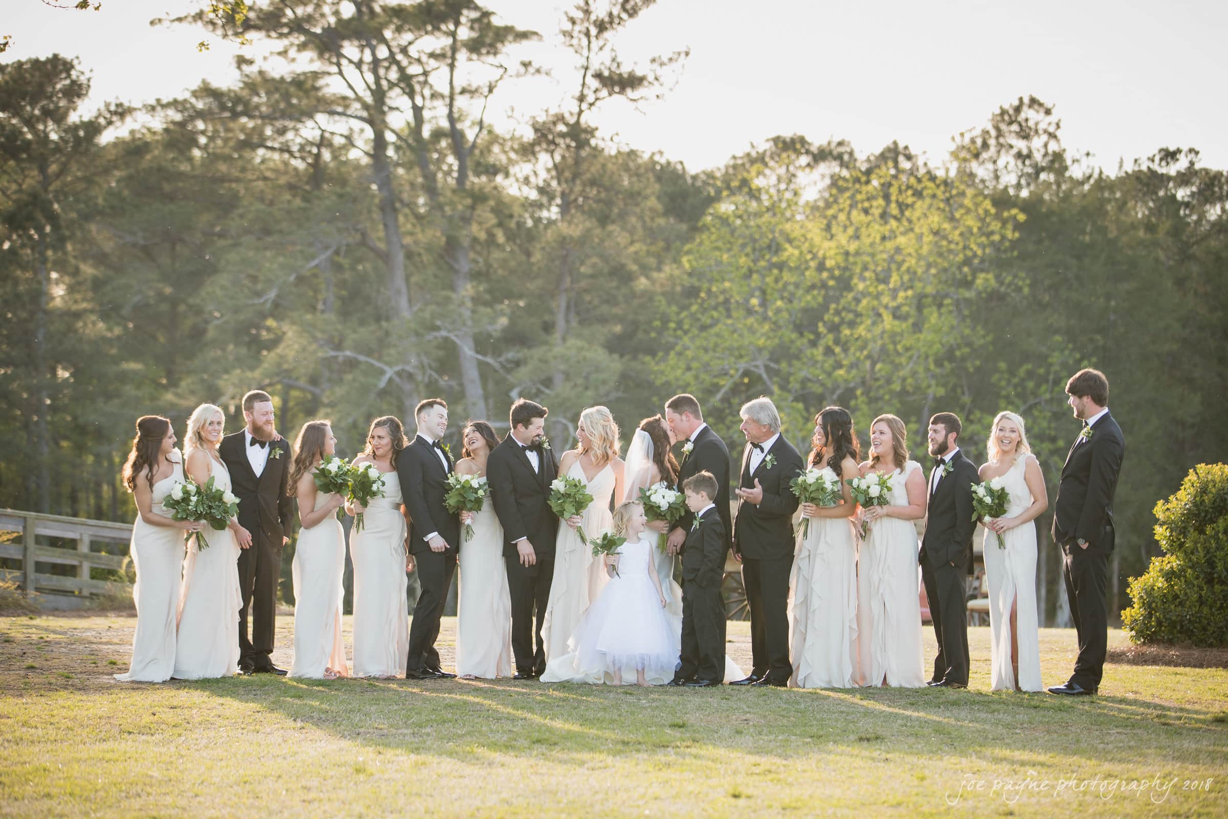 may-lew farm wedding photography - macy & jordan A large wedding party stands outdoors in a sunlit grassy area. Bridesmaids in light dresses and groomsmen in dark suits surround a bride and groom. Trees and a fence are in the background.