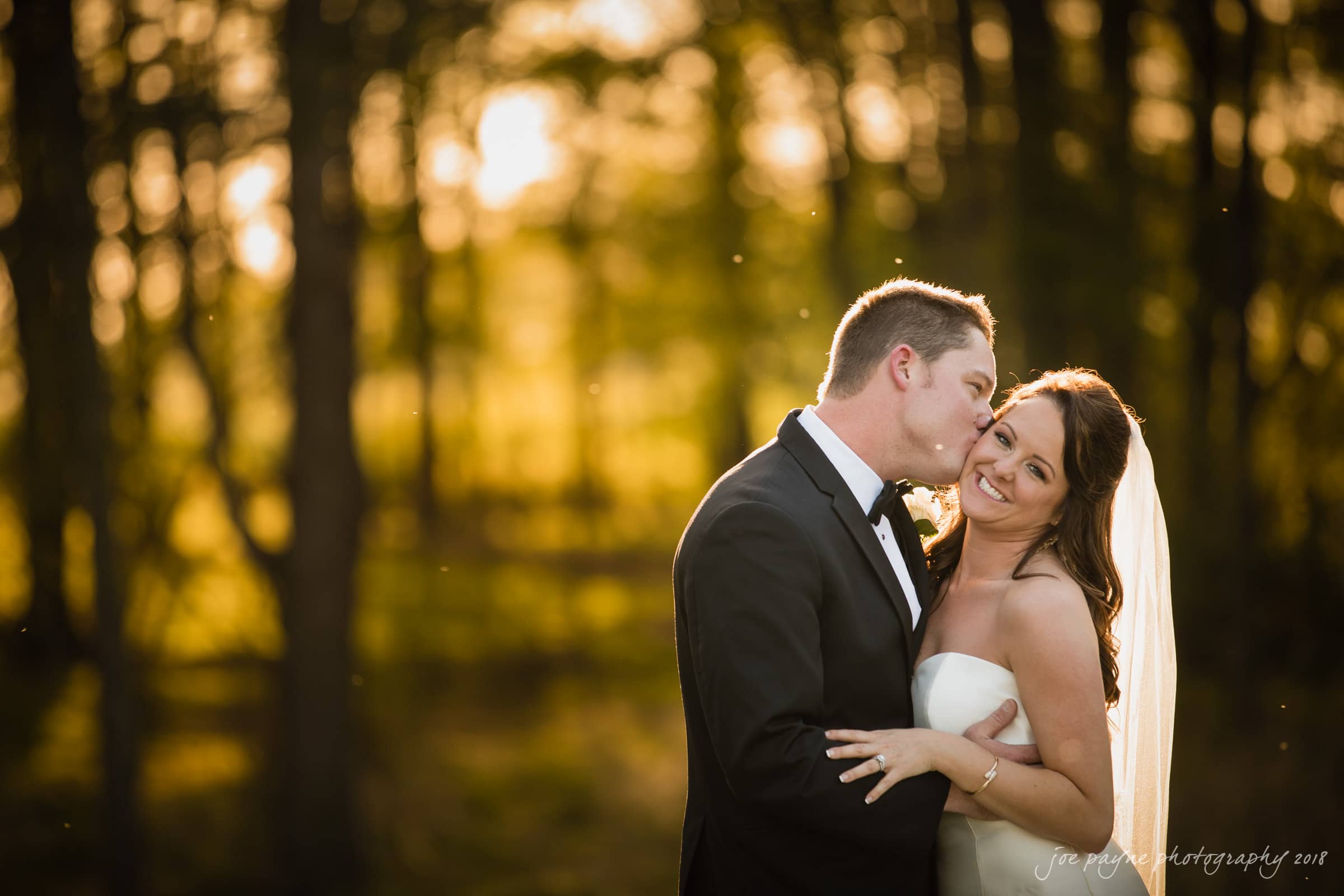 A groom in a black suit kisses his smiling bride on the temple, her white strapless gown and veil glowing softly. They stand amidst the serene beauty of May-Lew Farm's forest, sunlight streaming through the trees to create a warm, romantic scene captured perfectly in wedding photography.