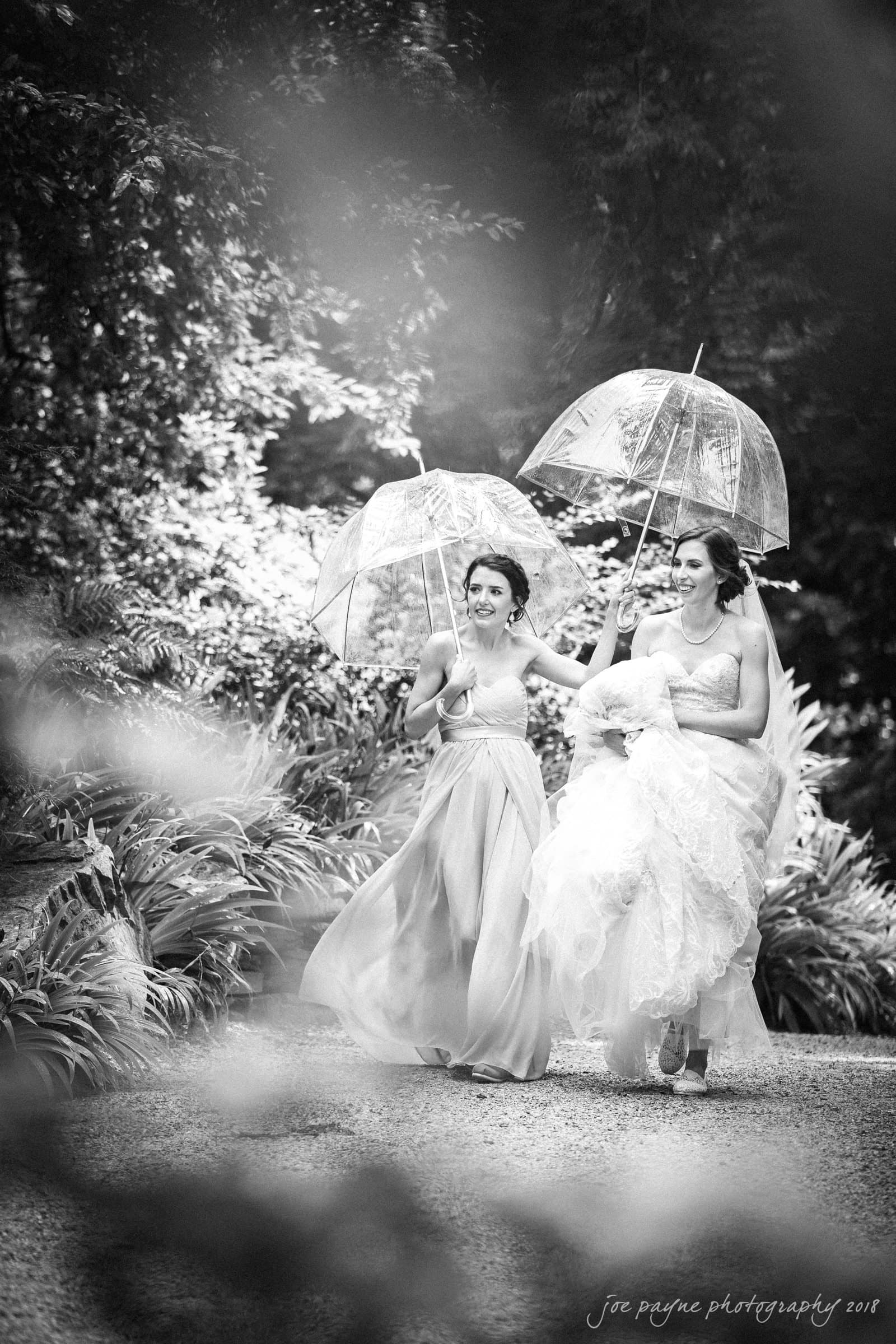 Two women in elegant gowns walk outside under clear umbrellas. One is in a wedding dress, and the other in a bridesmaid dress. The scene is set in a lush garden with trees, captured in black and white.