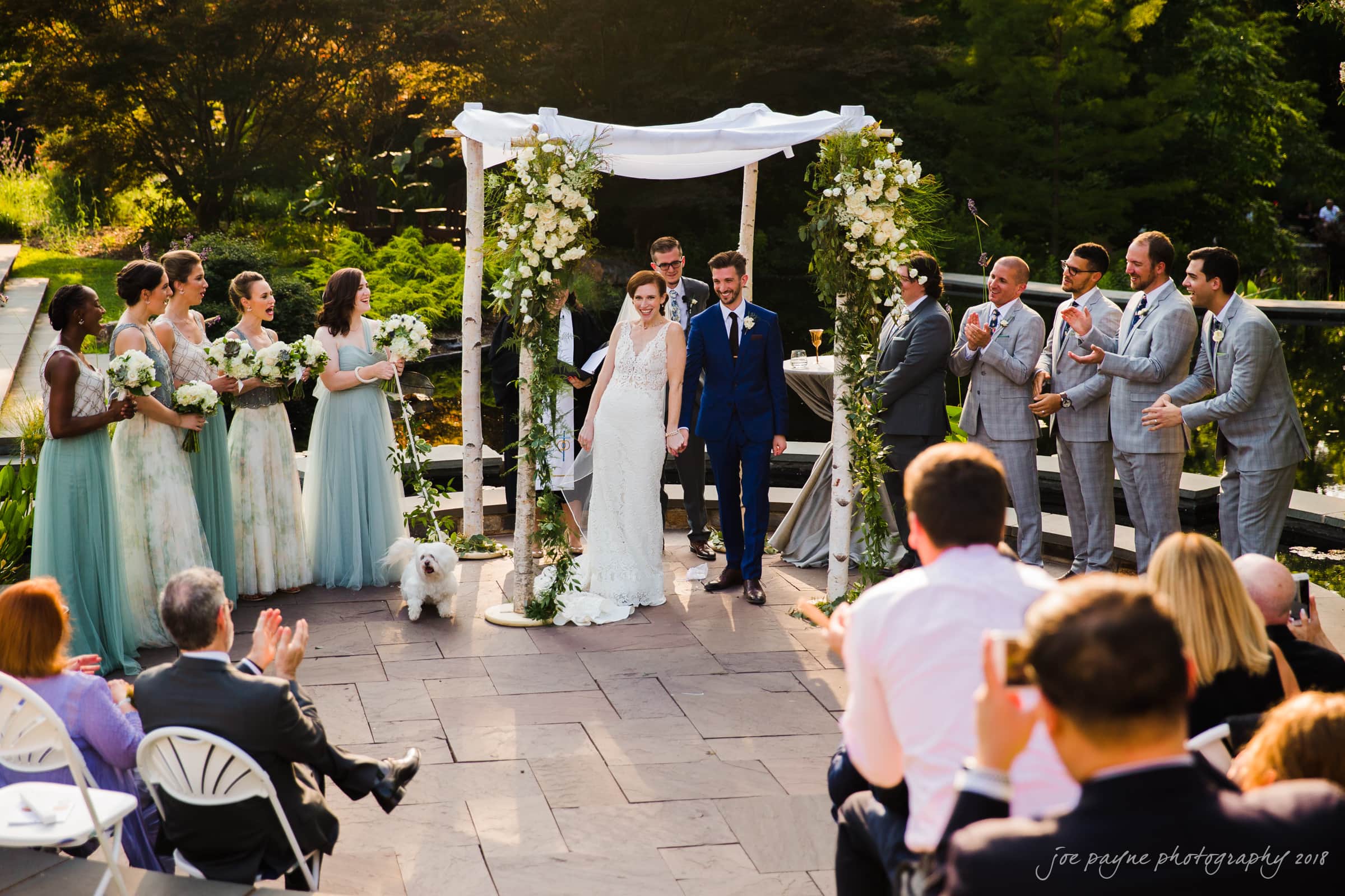 A bride and groom stand under a floral arch during an outdoor wedding ceremony. The bridal party, dressed in matching attire, and guests are applauding. A small dog is near the couple, and trees are visible in the background.