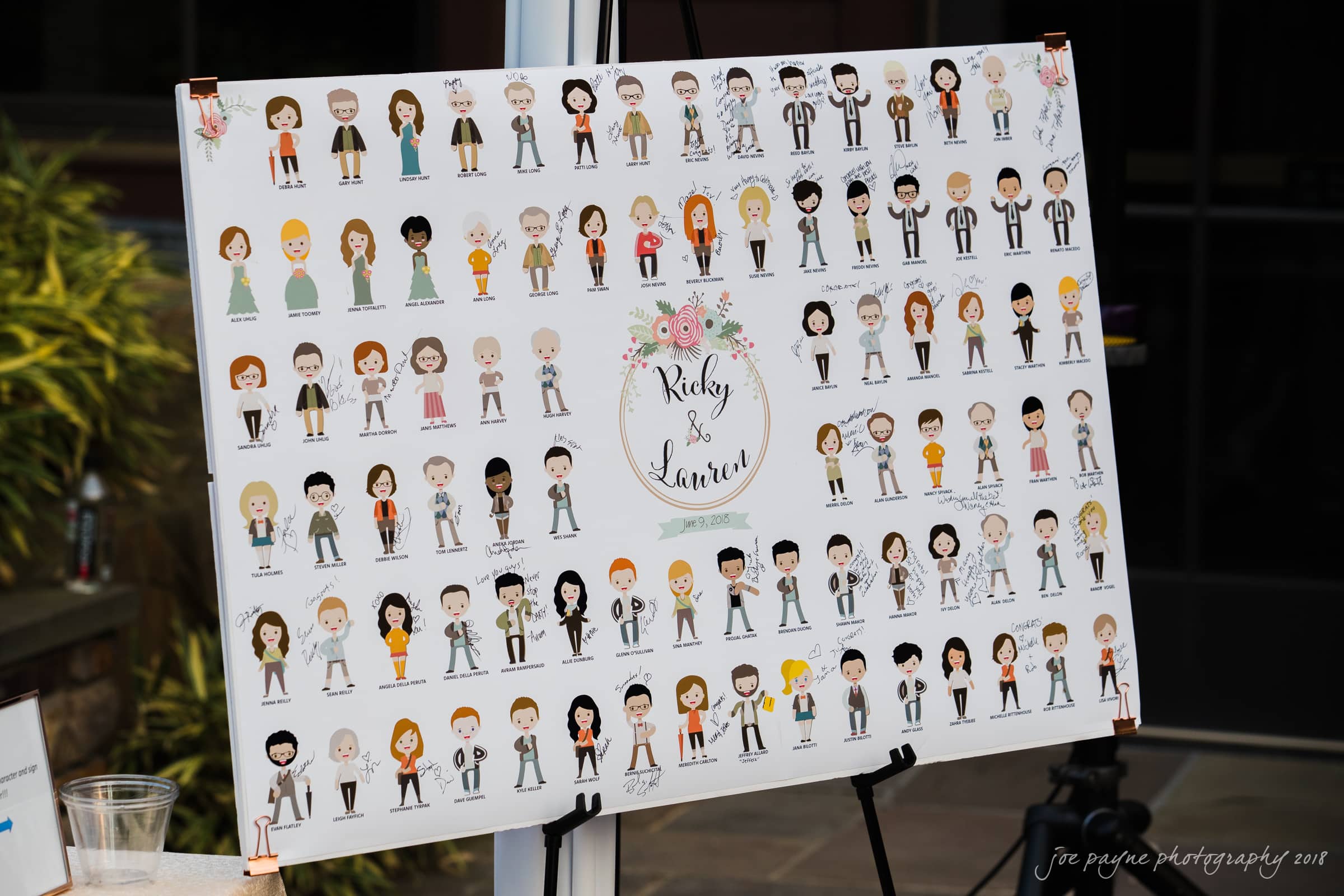 Illustrated wedding seating chart on an easel, featuring cartoon characters in various outfits. The chart includes an elegant floral motif and the names Rickey & Lauren in the center.