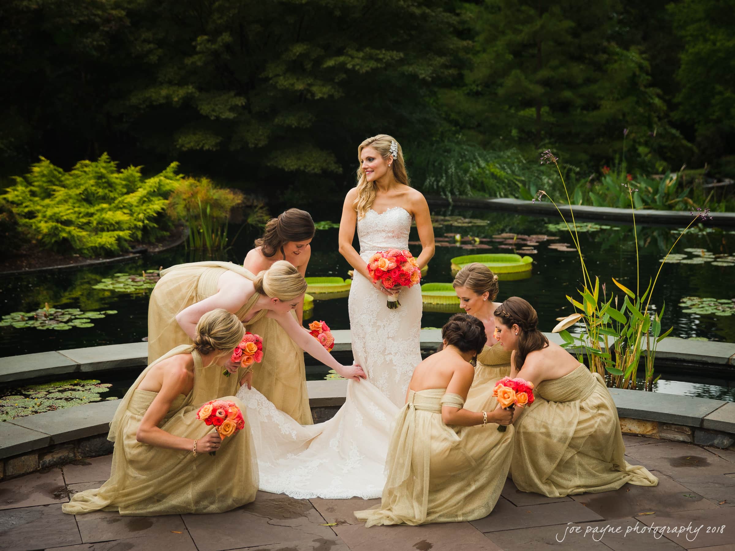 angle amphitheater at duke gardens wedding - katherine & andy A bride in a strapless white gown stands by a pond holding orange bouquets. Six bridesmaids in matching light gold dresses adjust her dress train. Lush greenery surrounds the scene.