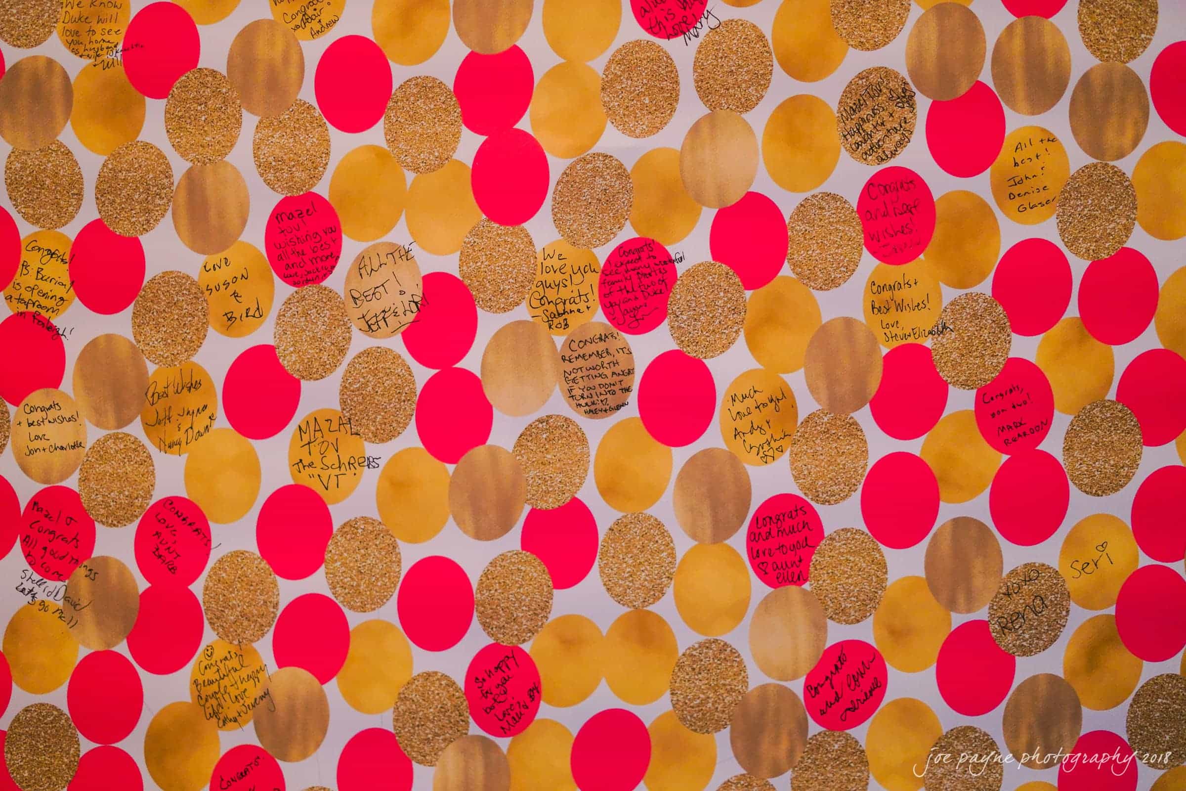 angle amphitheater at duke gardens wedding - katherine & andy A vibrant collection of gold glitter, yellow, and pink dots on a white background. Some dots have handwritten messages, creating a colorful and festive appearance.
