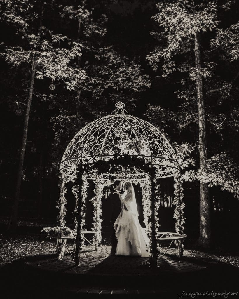 A couple is standing under an ornate, wrought-iron gazebo at night. The scene is illuminated, casting shadows on the surrounding trees. The bride is in a flowing gown and veil, and the groom is in a suit, creating a romantic and intimate atmosphere.