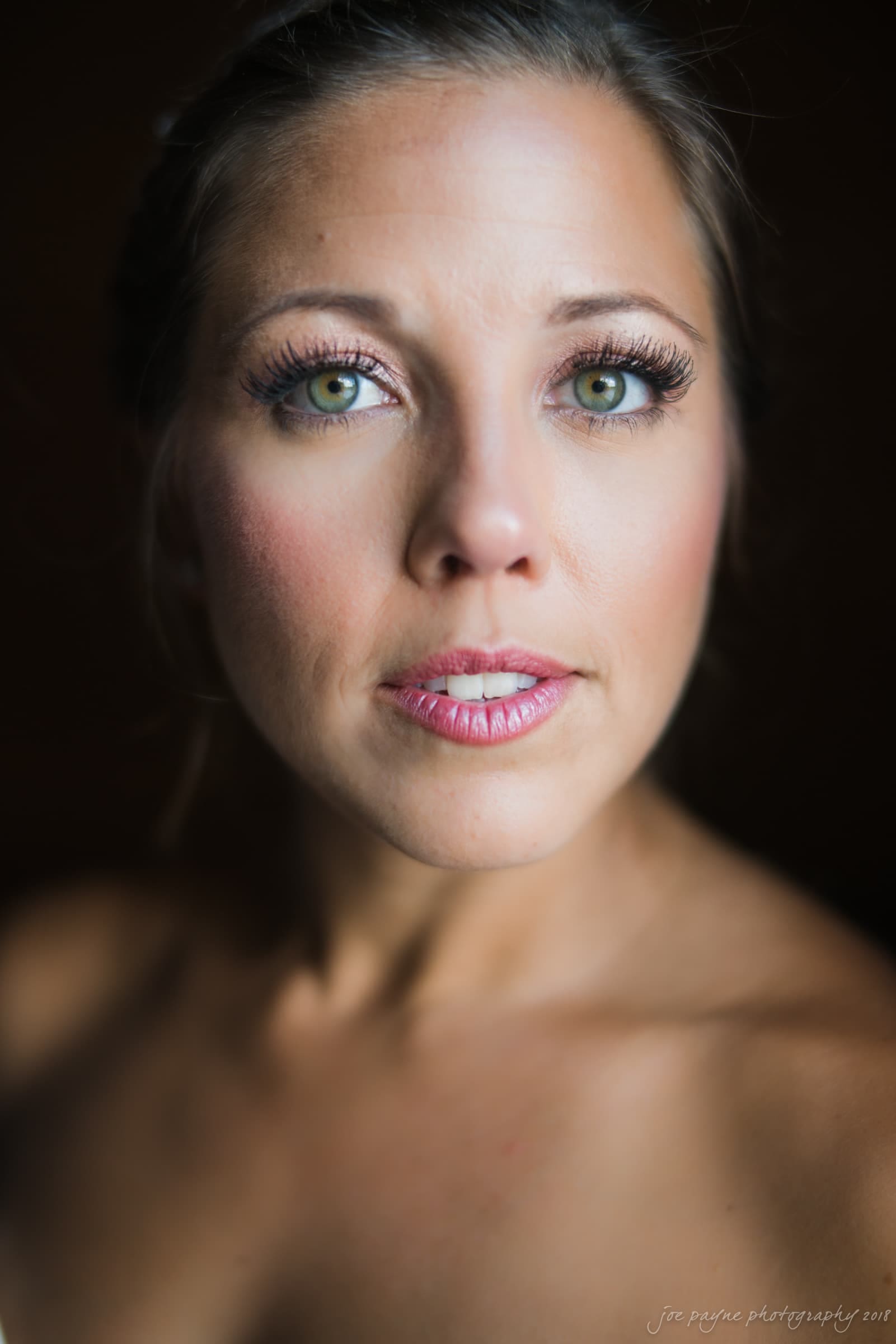 pavilion at carriage farm wedding - ashley & devon A close-up of a person with green eyes and pink lipstick, gazing slightly upward. The image has a soft focus on the facial features, with a dark background creating a dramatic lighting effect.