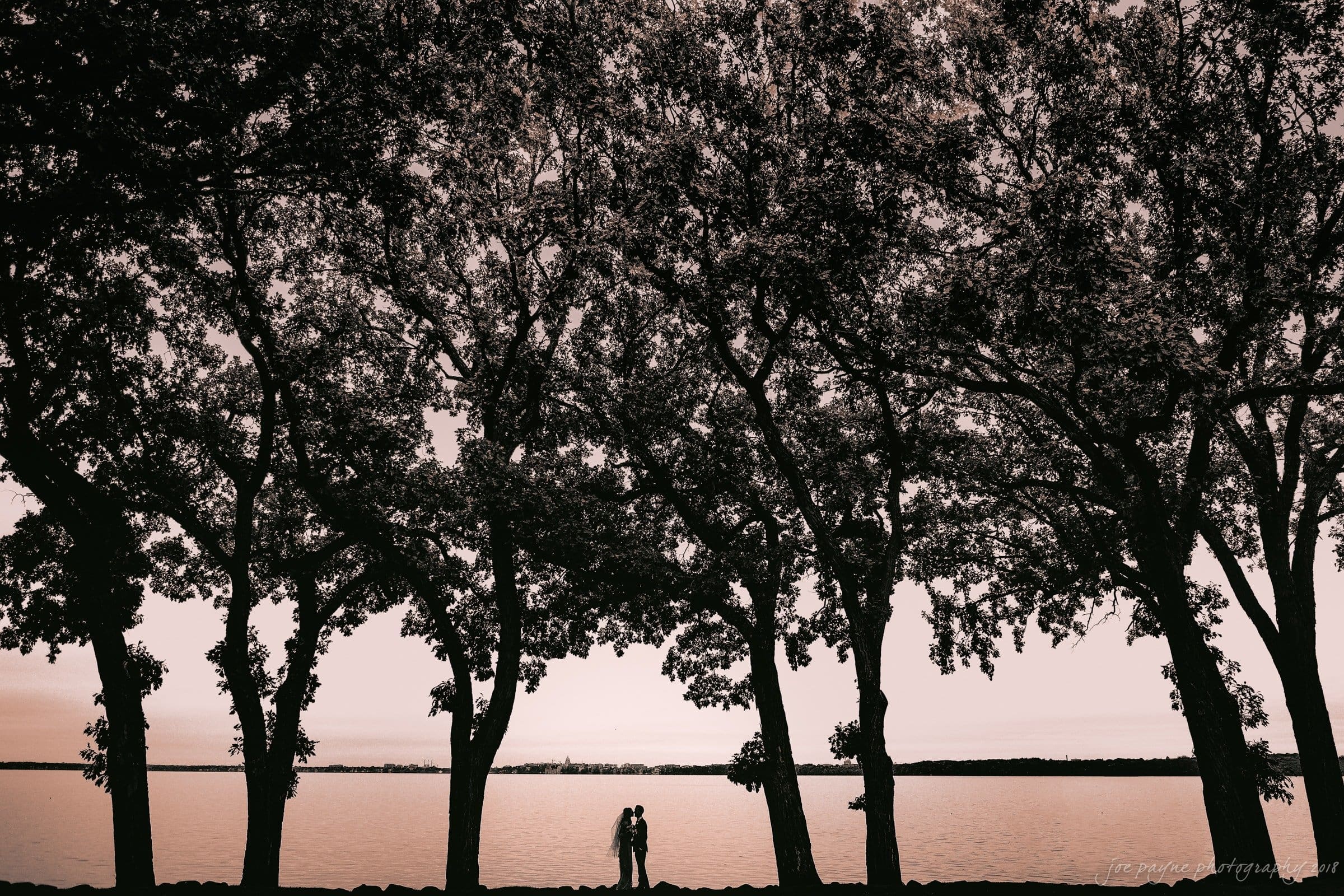A silhouetted couple stands in front of a calm lake, framed by tall trees. With a sky that suggests either sunrise or sunset, the scene has a romantic feel—perfect for capturing by a destination wedding photographer.
