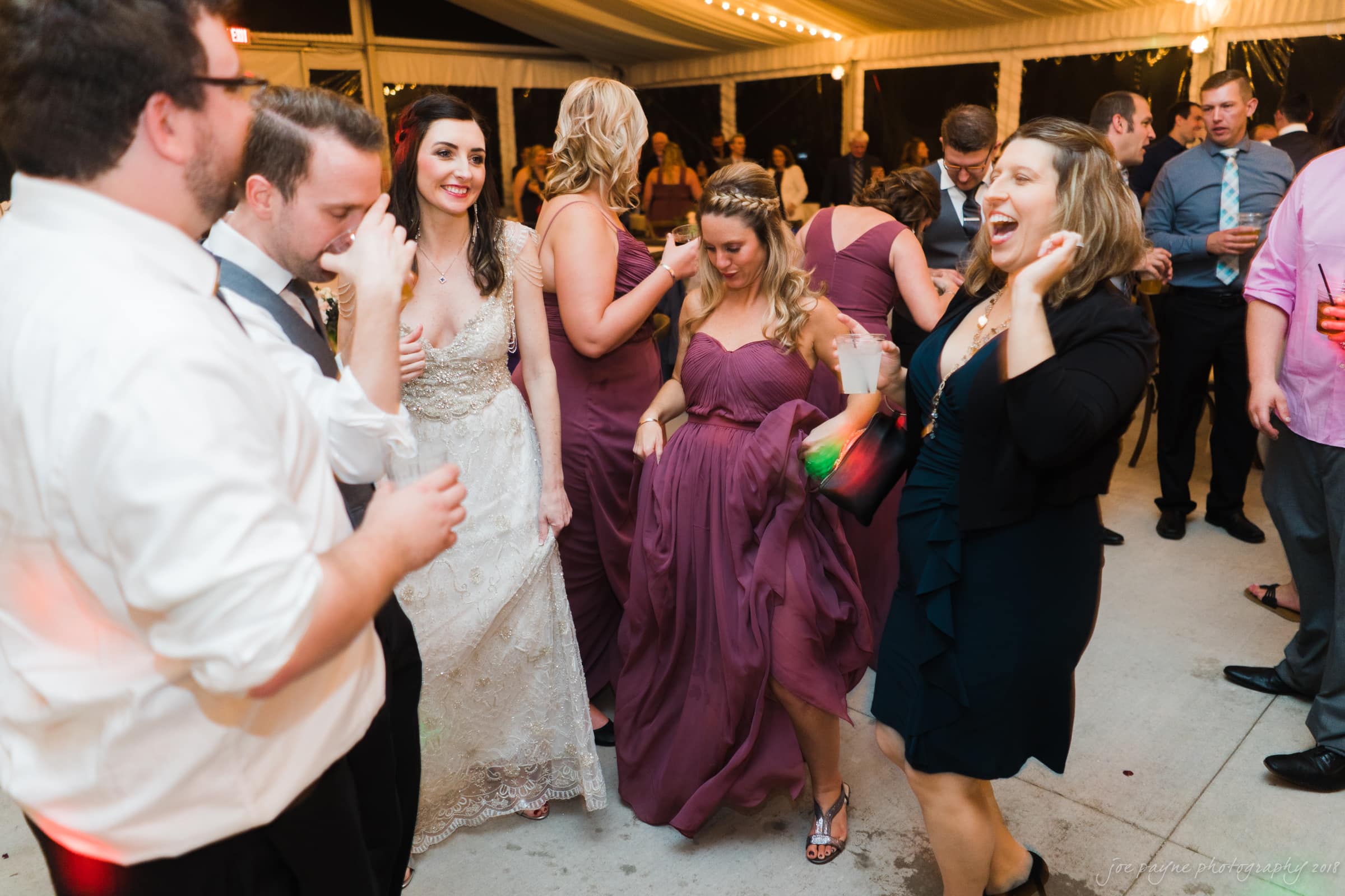 A lively wedding reception with guests dancing energetically. The bride, in a white gown, is surrounded by friends in purple dresses and formal attire. String lights illuminate the festive atmosphere under a tent.