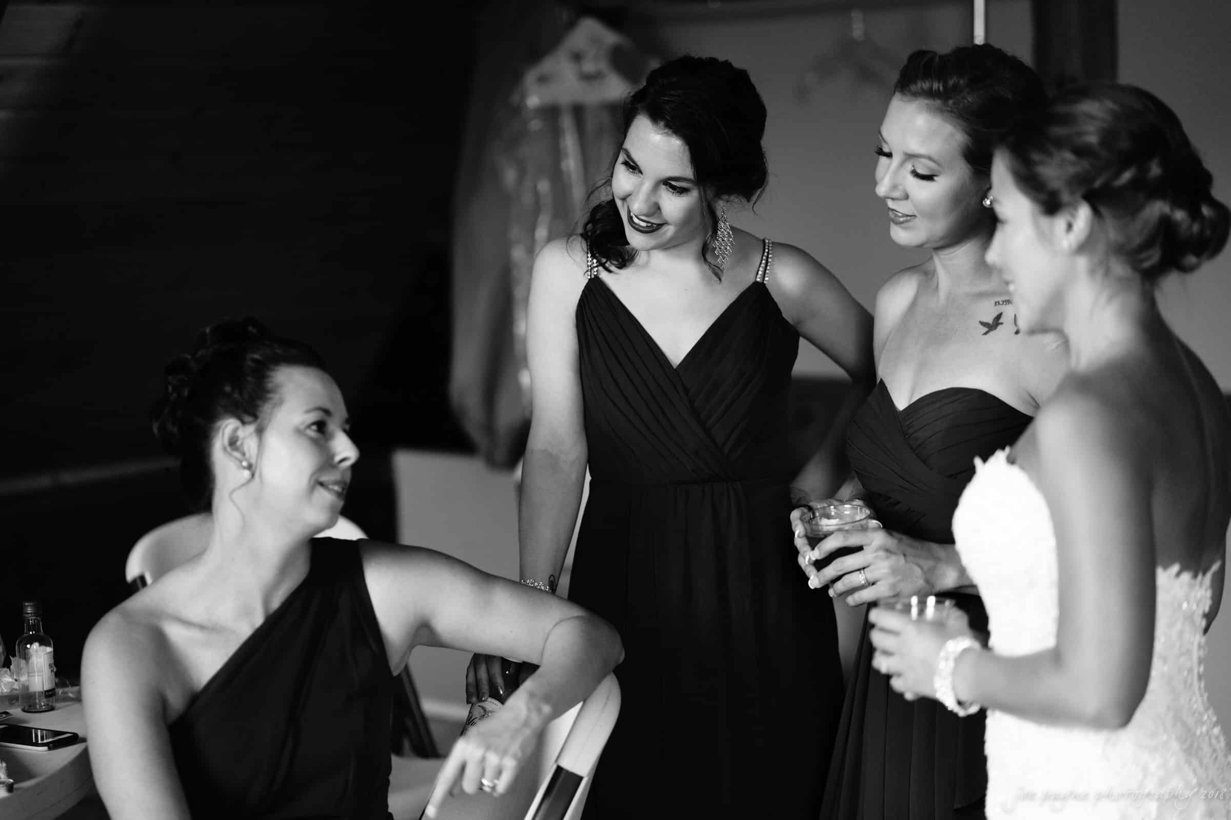pavilion at carriage farm wedding - ashley & devon Four women in formal dresses share a moment together indoors. Three are standing, one in a bridal gown, and the fourth is seated. They appear to be engaged in conversation and smiling, suggesting a celebratory occasion.