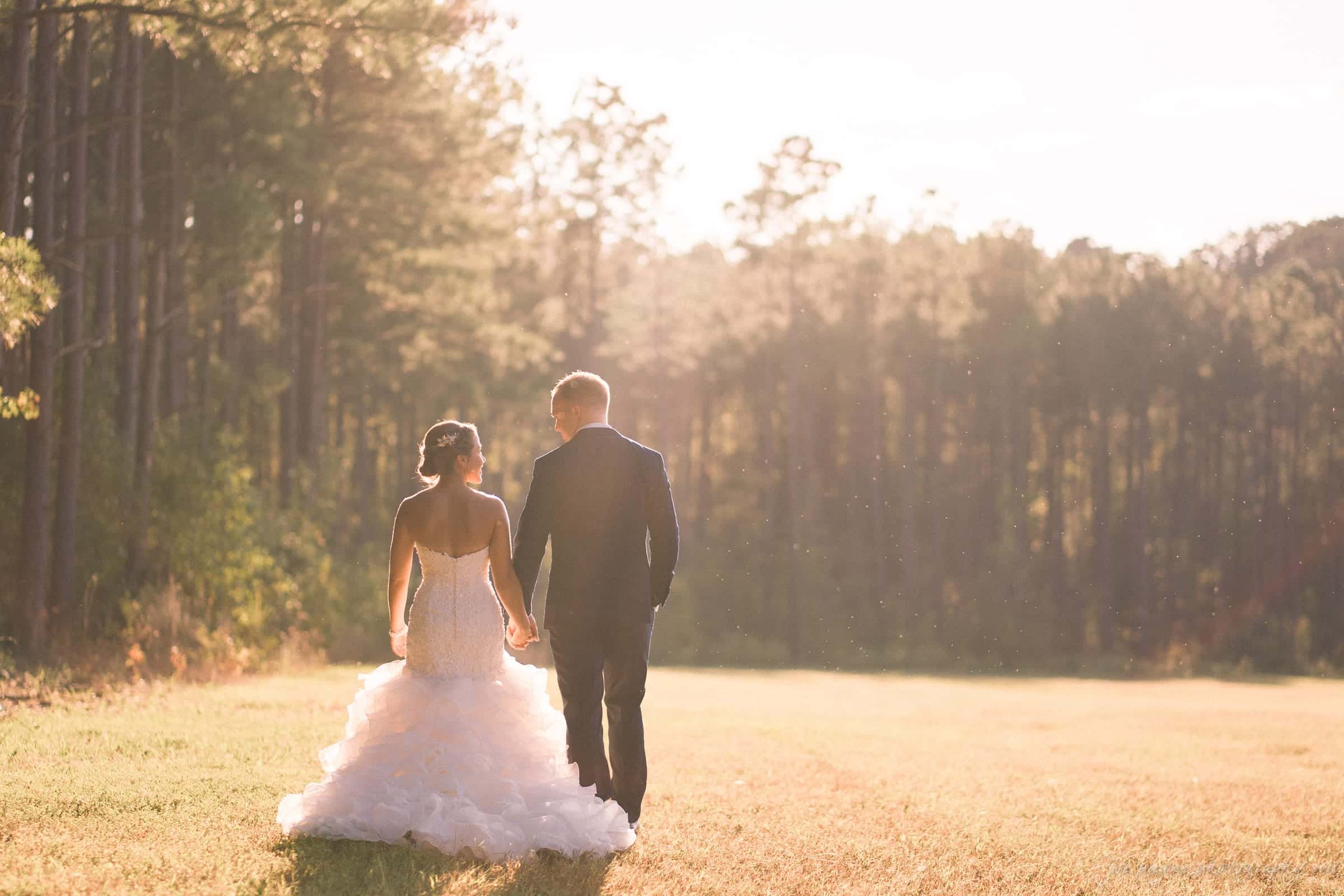 A couple walks hand in hand away from the camera on a grassy field, surrounded by trees. The woman is wearing a flowing white wedding dress and the man a dark suit. Sunlight filters through the trees, creating a warm, ethereal glow.