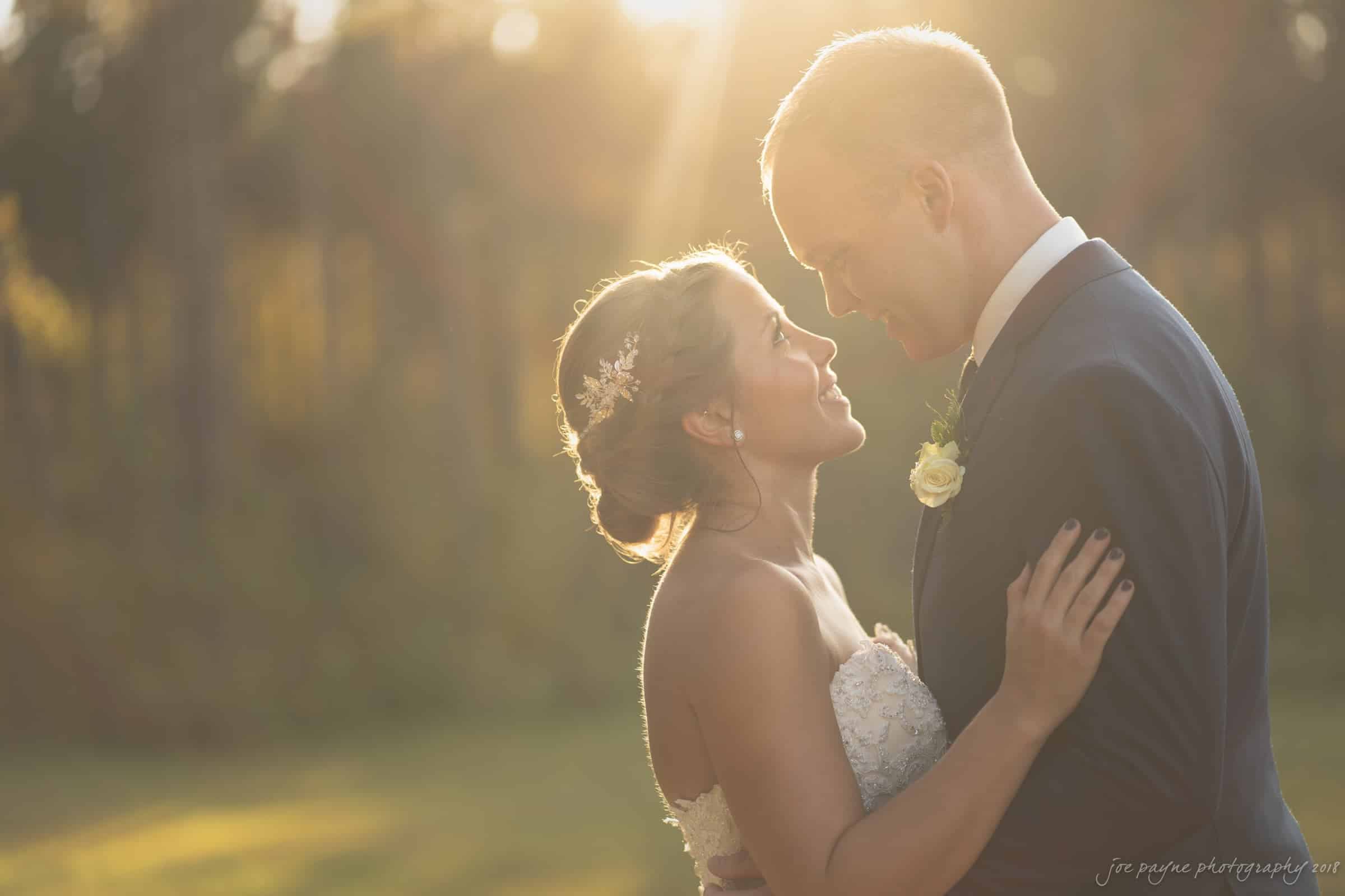 pavilion at carriage farm wedding - ashley & devon A couple gazes at each other lovingly in a sunlit outdoor setting. The bride wears a strapless gown and a hairpiece, and the groom is in a dark suit with a boutonniere. The background is softly blurred, capturing the warm ambiance.