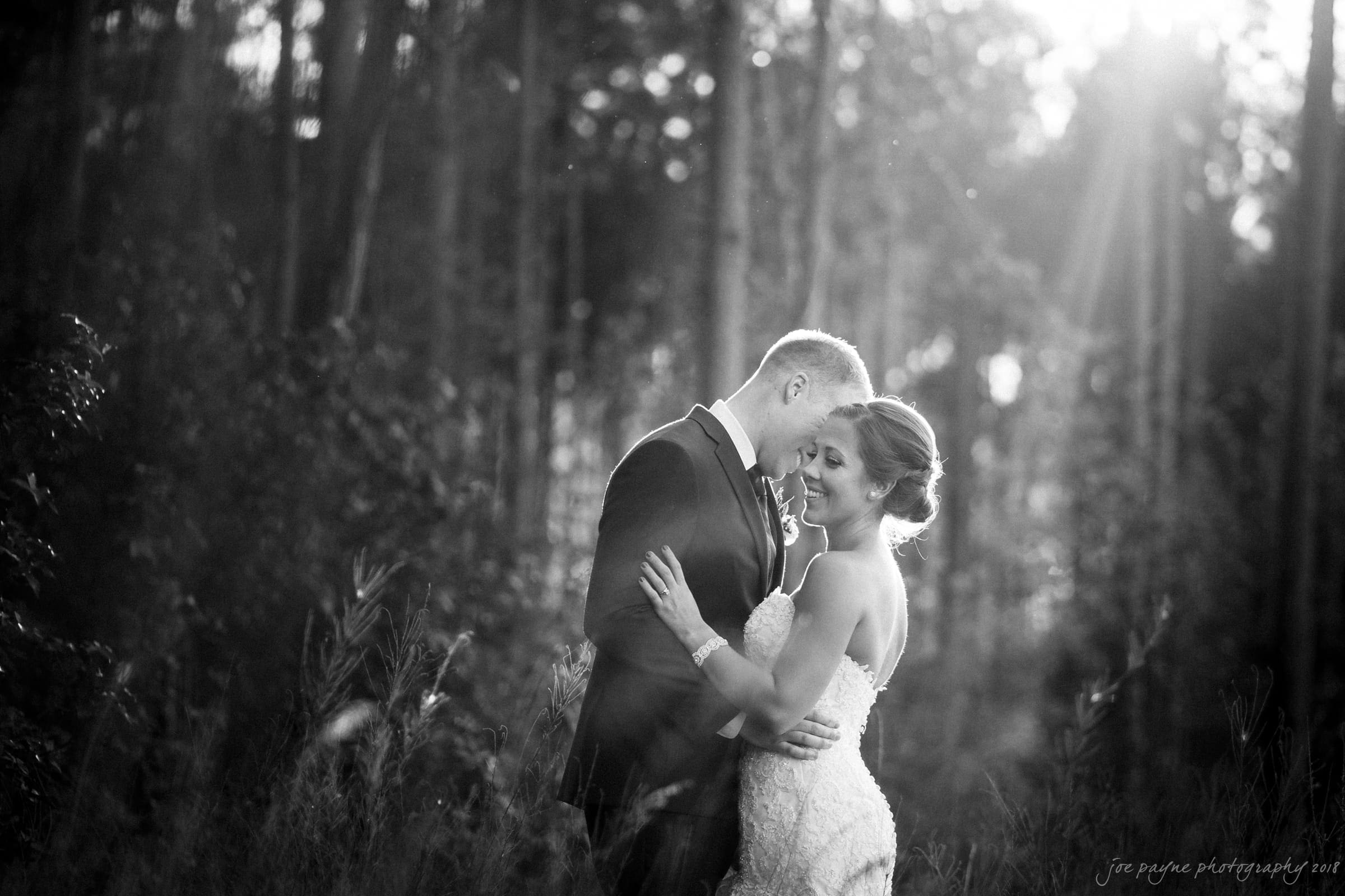 pavilion at carriage farm wedding - ashley & devon A couple embraces in a forest, bathed in warm sunlight filtering through the trees. The woman wears a lace gown, and the man is in a suit, both smiling softly. The scene is serene and romantic.