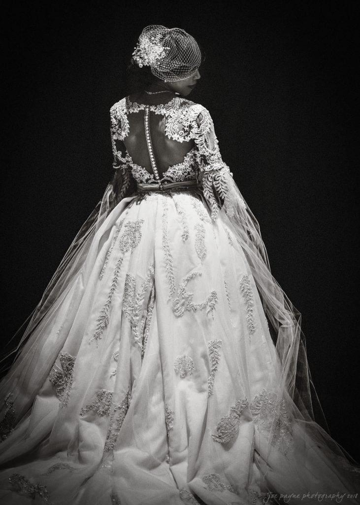 biltmore wedding photographer - anneké & andrew Bride wearing an elaborate lace wedding gown with a long, flowing train and intricate lace details. The dress features a sheer back and a veil, creating an elegant and vintage look. The black and white photo highlights the gowns texture.