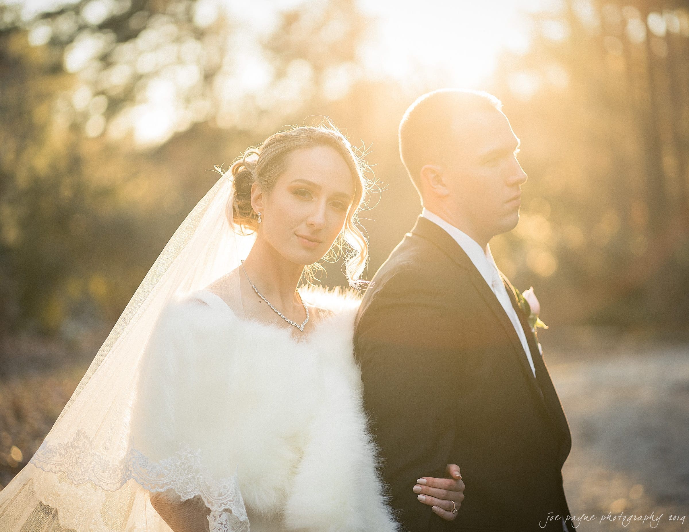 Bride and groom stand together in an outdoor setting illuminated by golden sunlight. The bride wears a veil and fur wrap, while the groom is in a suit. They have a serene, contemplative expression. The background is softly blurred with trees.