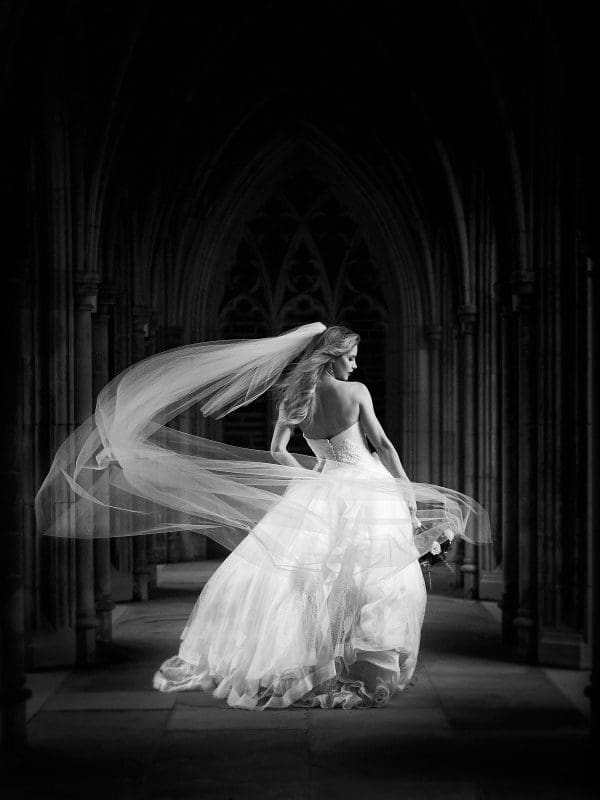 bw-wedding-photograph-bride-duke-chapel-arcades-veil