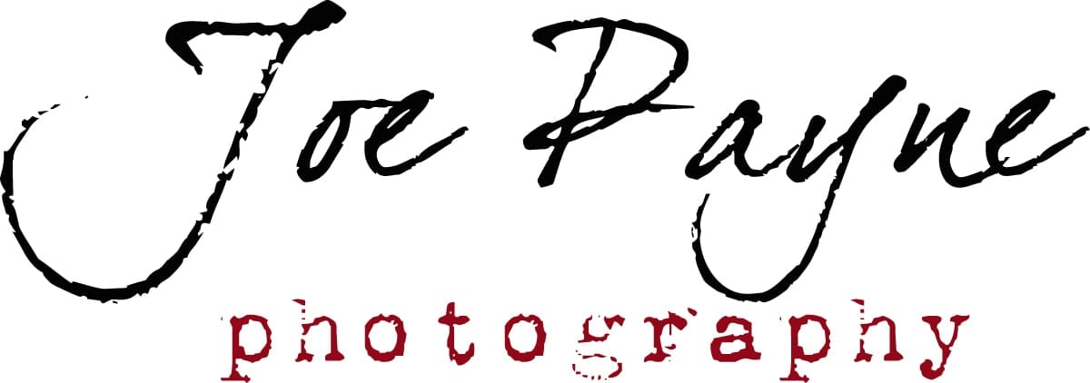 The image shows a logo with the text Joe Payne in black, cursive font, above photography in lowercase, red serif font.